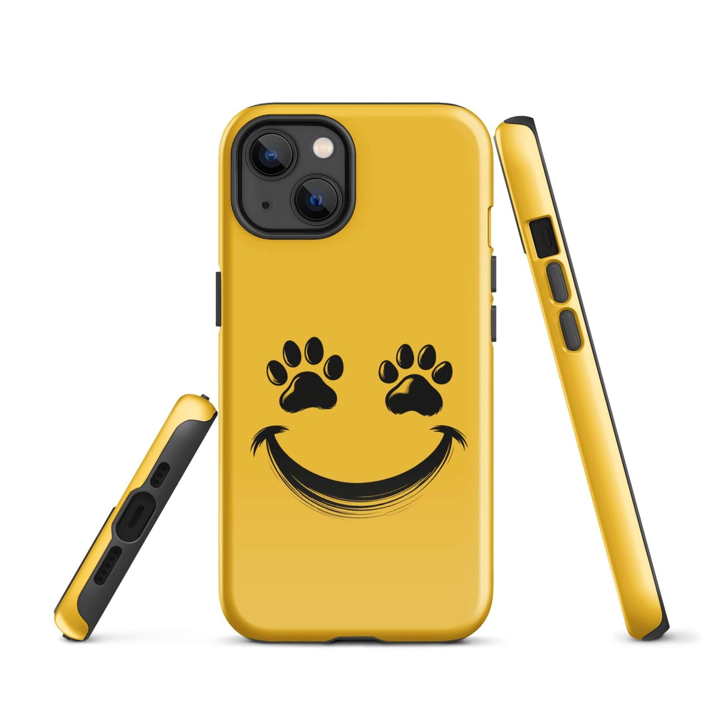 Yellow Phone Case for iPhone with smiley face design and paw prints for pet lovers.