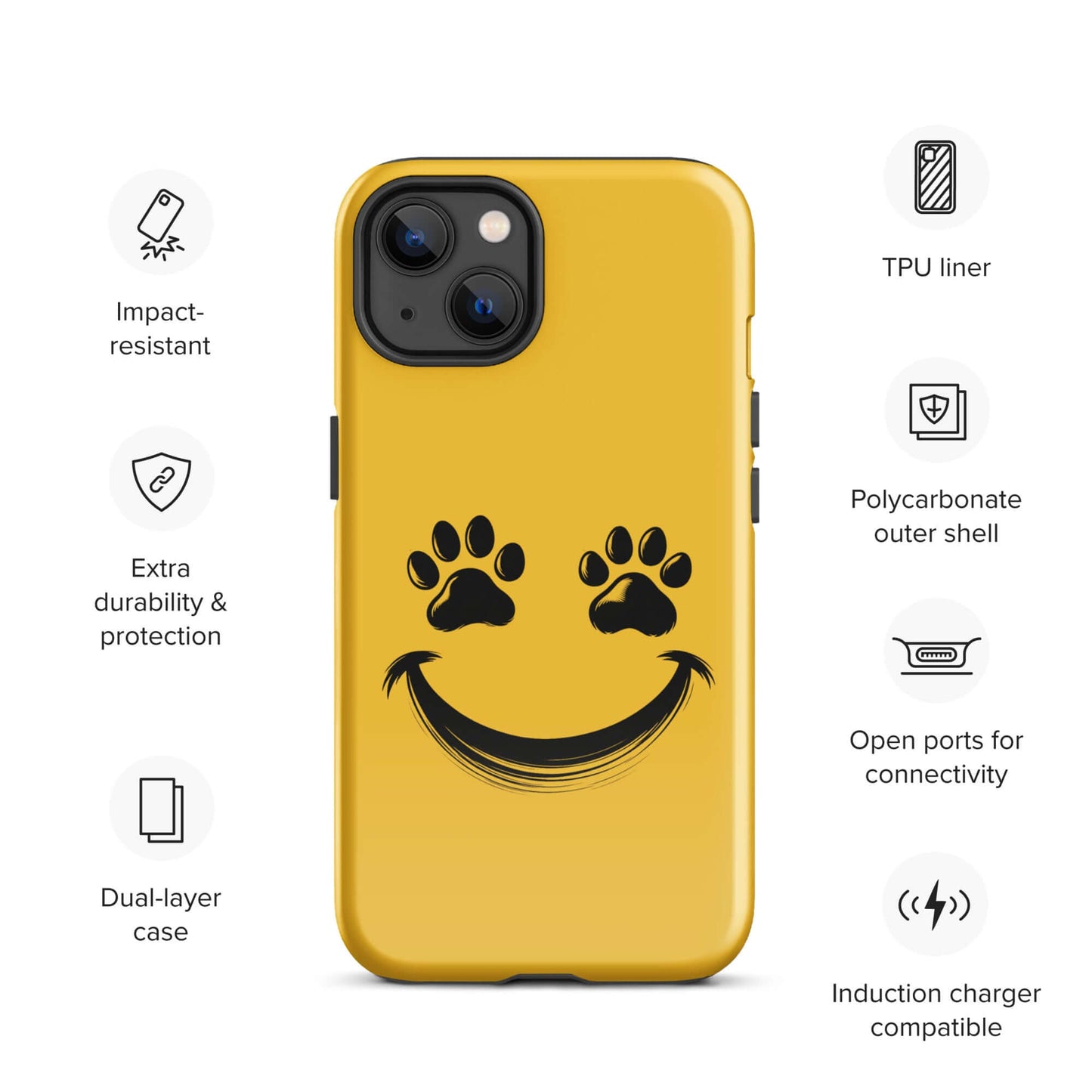 Phone Case for iPhone featuring a playful smiley face design with paw print eyes, ideal for pet lovers seeking durable, cheerful protection.