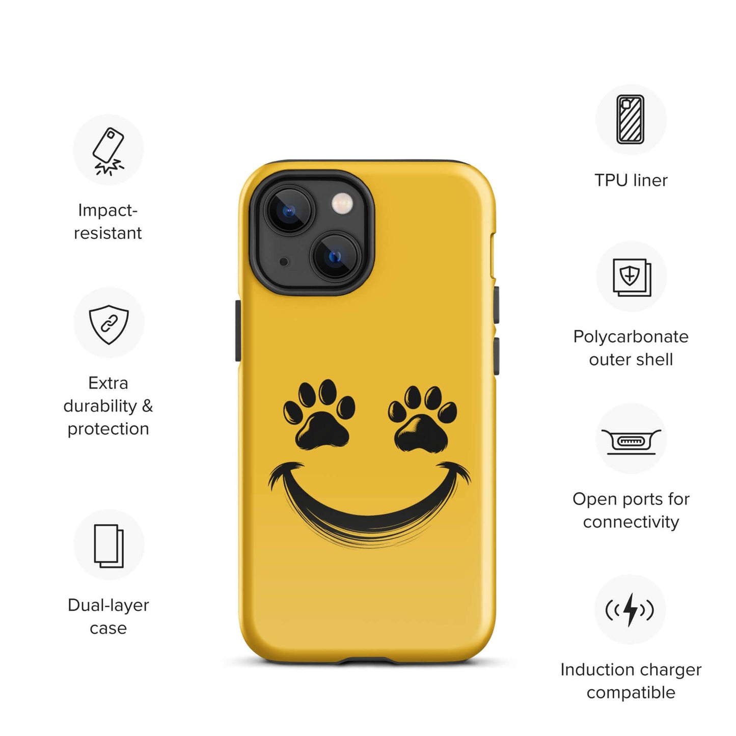 Yellow phone case for iPhone with smiley face and paw prints, perfect for pet lovers seeking durable protection and playful design. Phone Case.