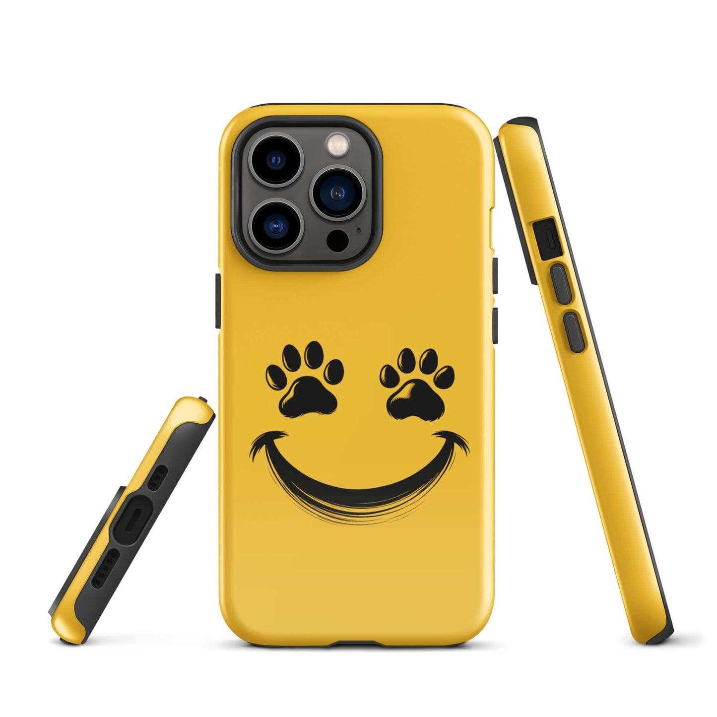 Phone Case with smiley paw print face design for playful pet lovers, yellow iPhone case, durable and cheerful accessory for animal enthusiasts.