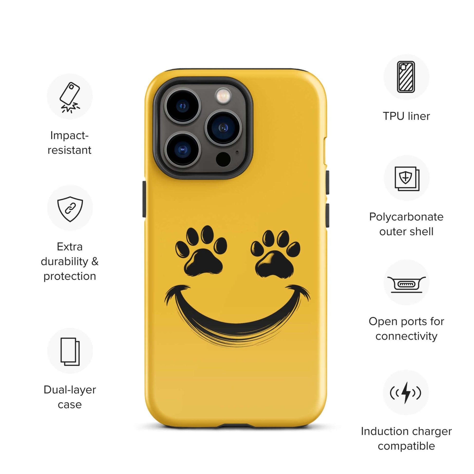 Phone Case for iPhone with smiley paw print design for pet lovers; durable, bright, and playful accessory.