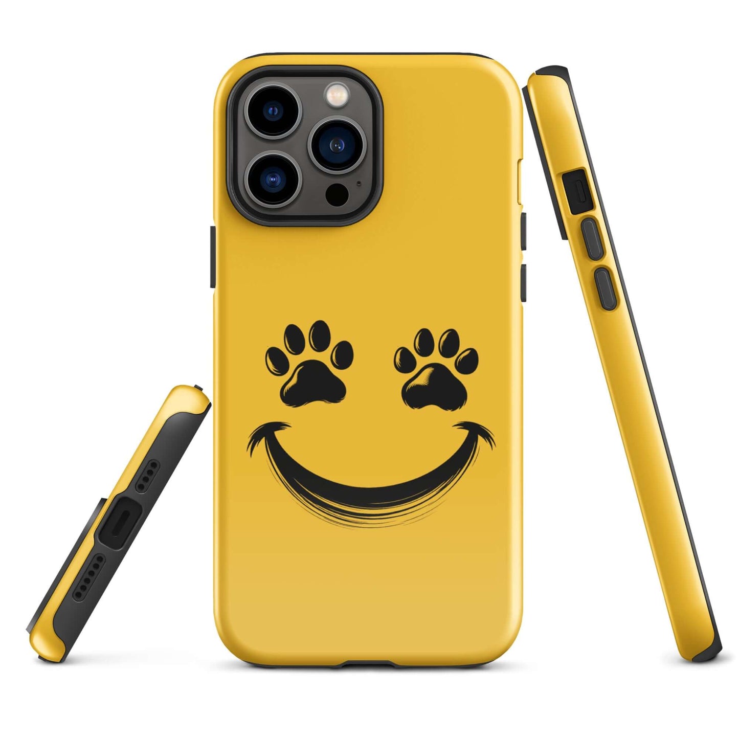 Yellow phone case for iPhone with smiley paw print face, perfect for playful pet lovers.