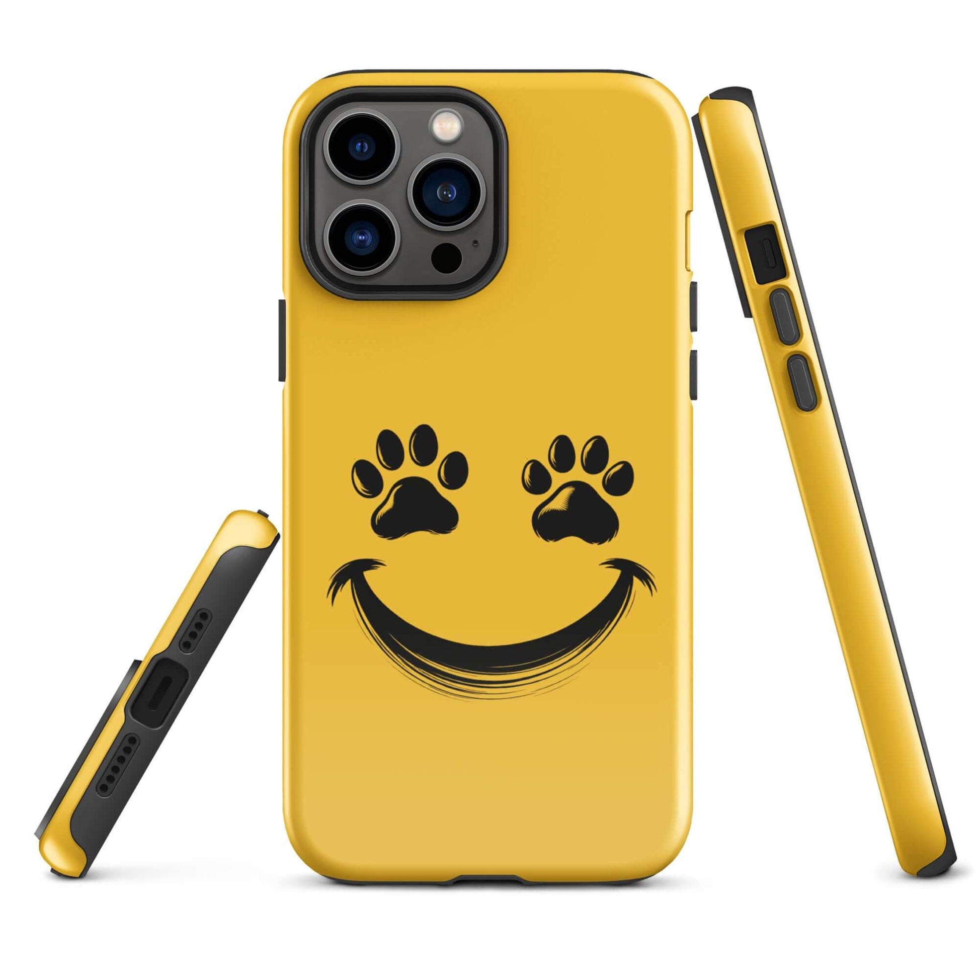 Yellow phone case for iPhone with smiley paw print face, perfect for playful pet lovers.