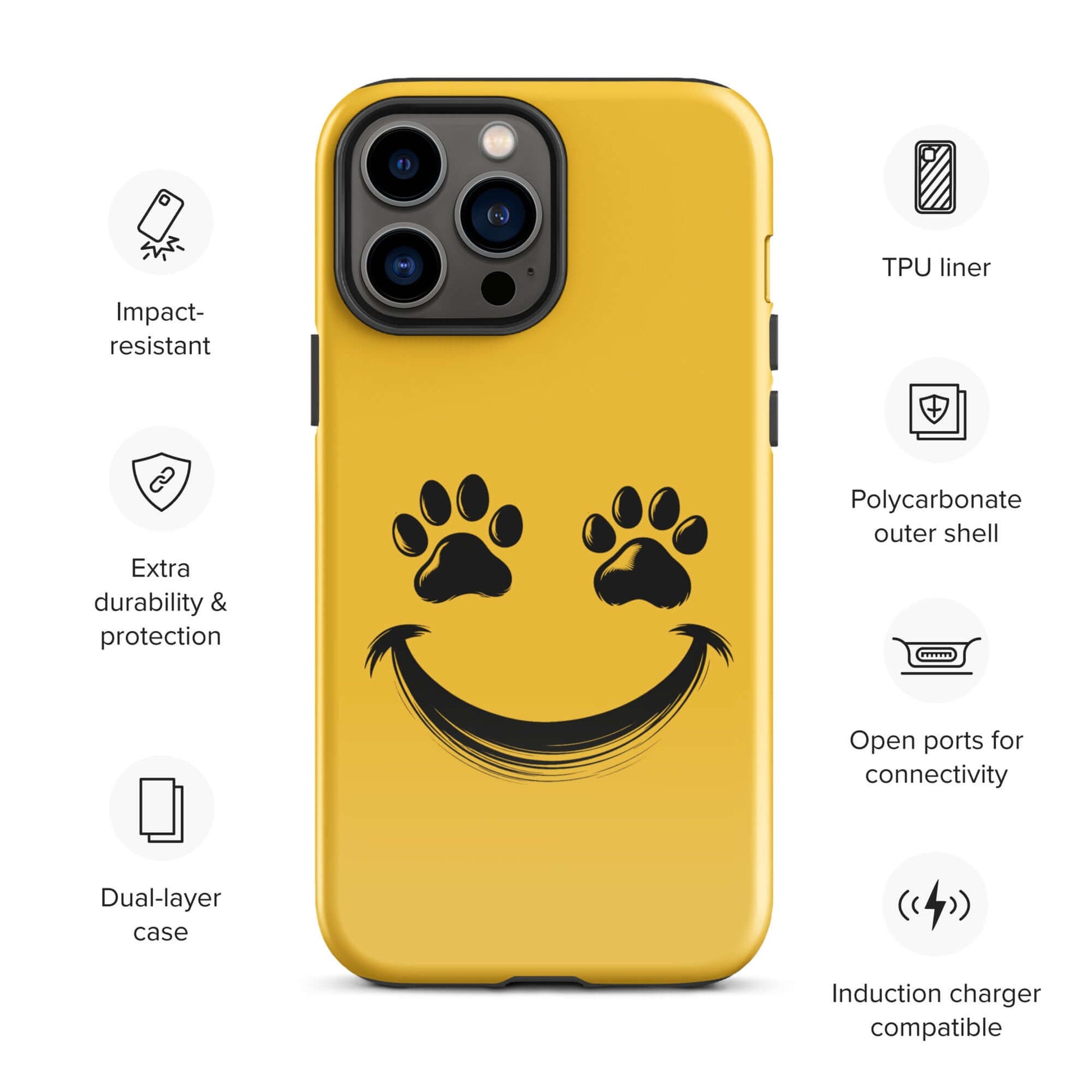 Phone Case for iPhone with smiley face design featuring paw prints, perfect for pet lovers. Impact-resistant polycarbonate shell.
