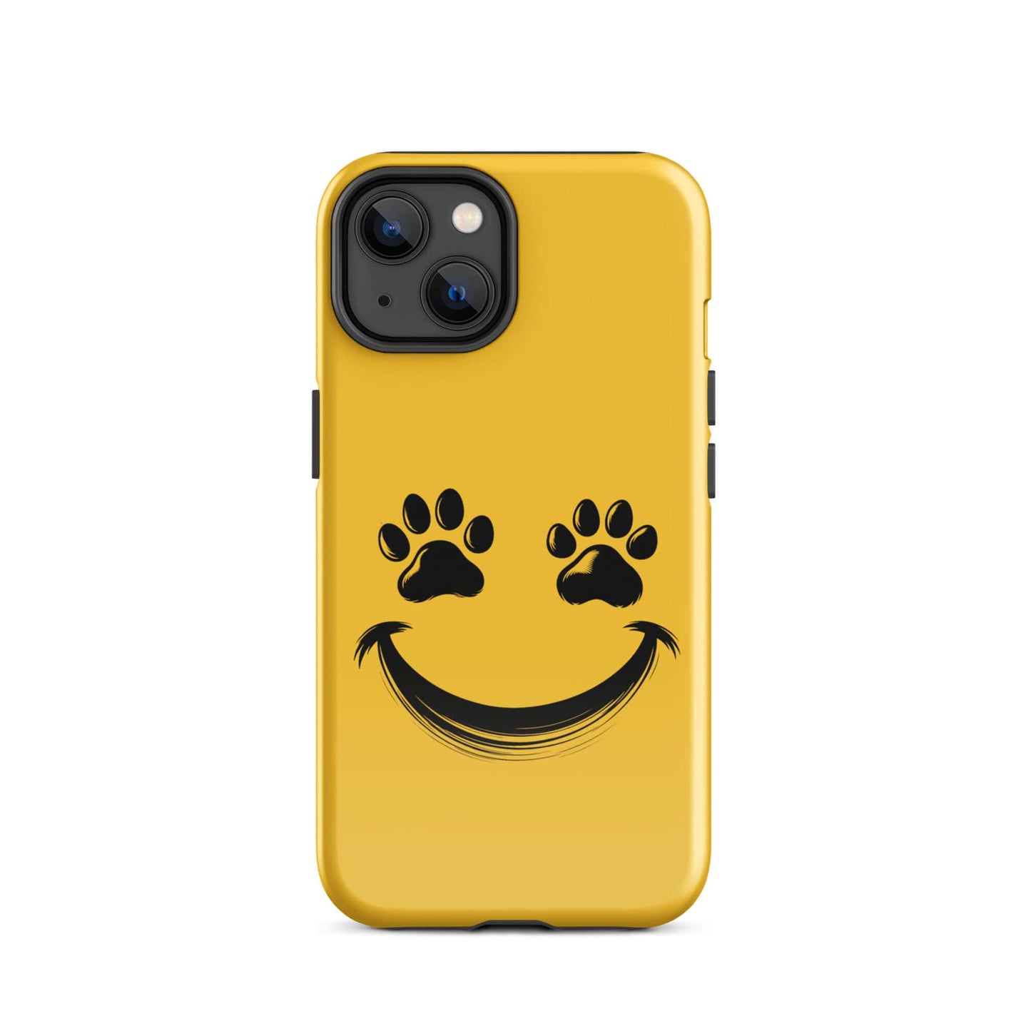 Phone Case for iPhone with yellow smiley face design featuring paw prints for playful pet lovers.