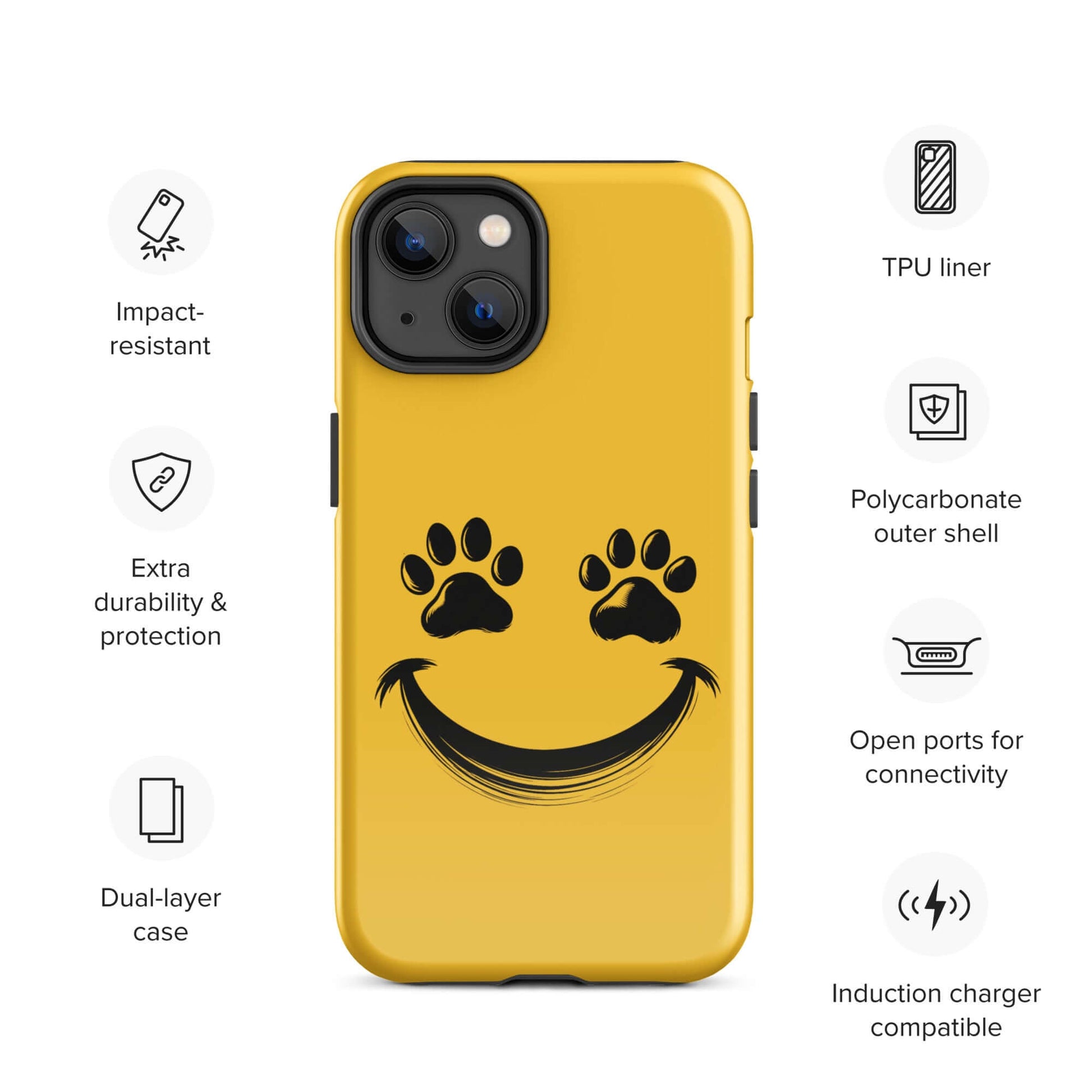 Phone Case with smiley paw print face design for iPhone, perfect for playful pet lovers. Impact-resistant and durable.