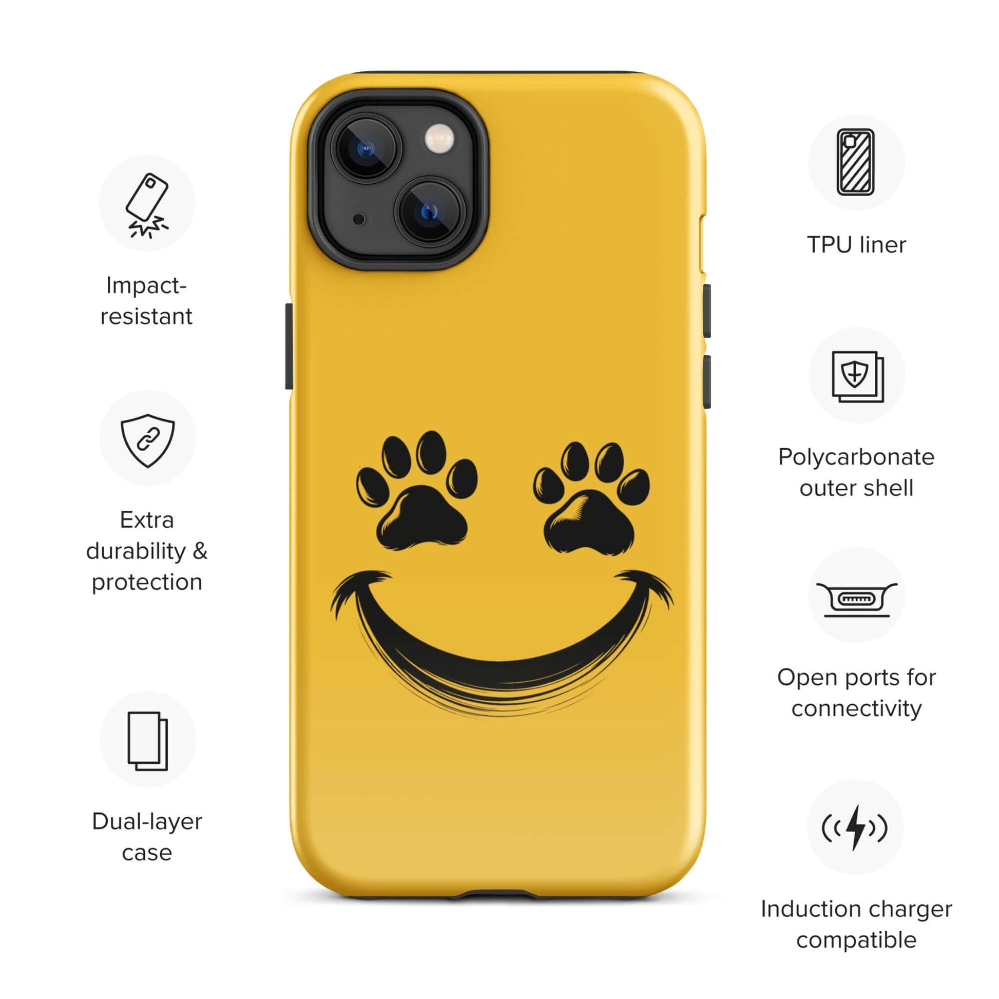 Phone Case for iPhone with smiley paw print face design, perfect for playful pet lovers seeking durability and charm in their device accessory.