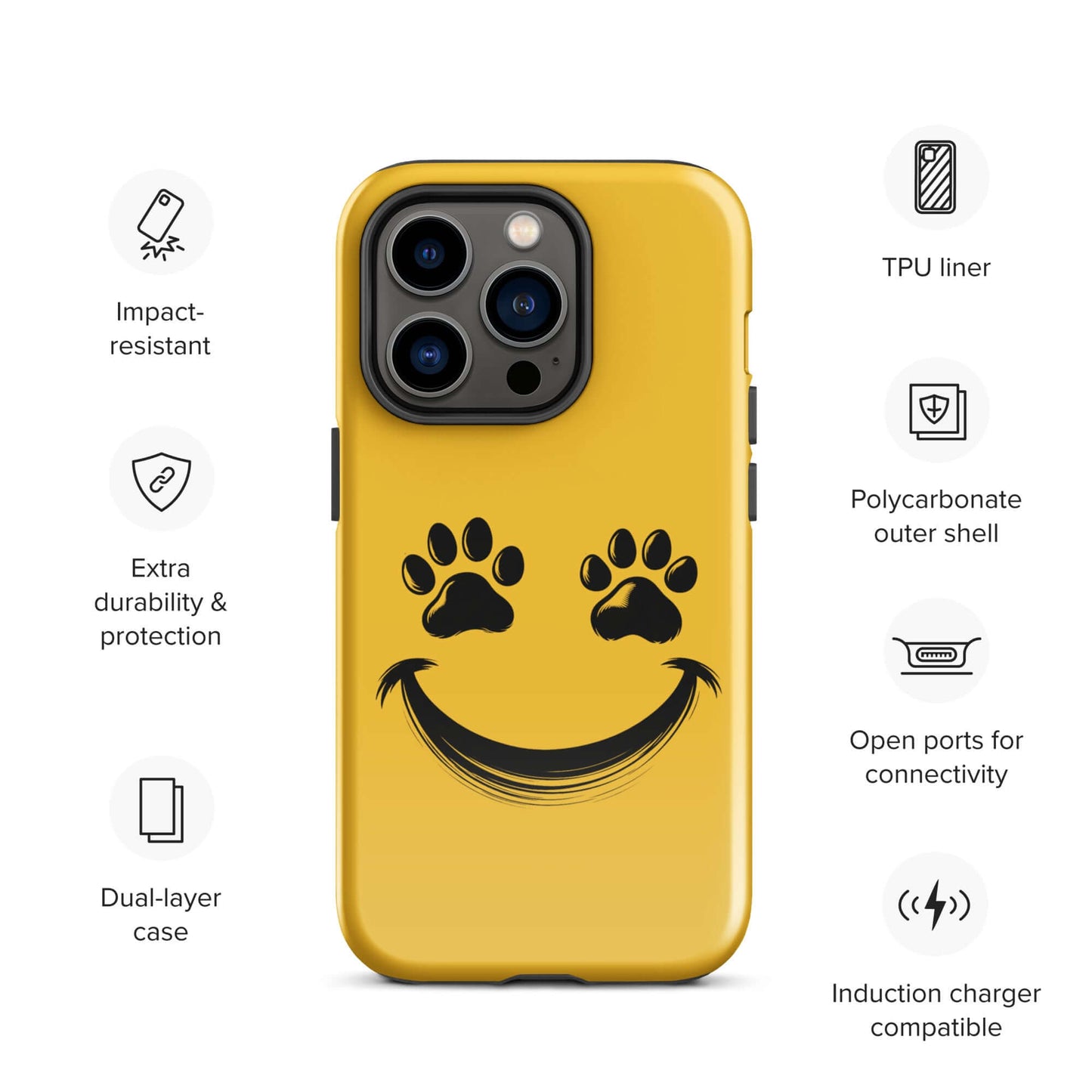 Phone Case for iPhone with smiley face and paw prints, perfect for pet lovers, featuring impact-resistant dual-layer design.