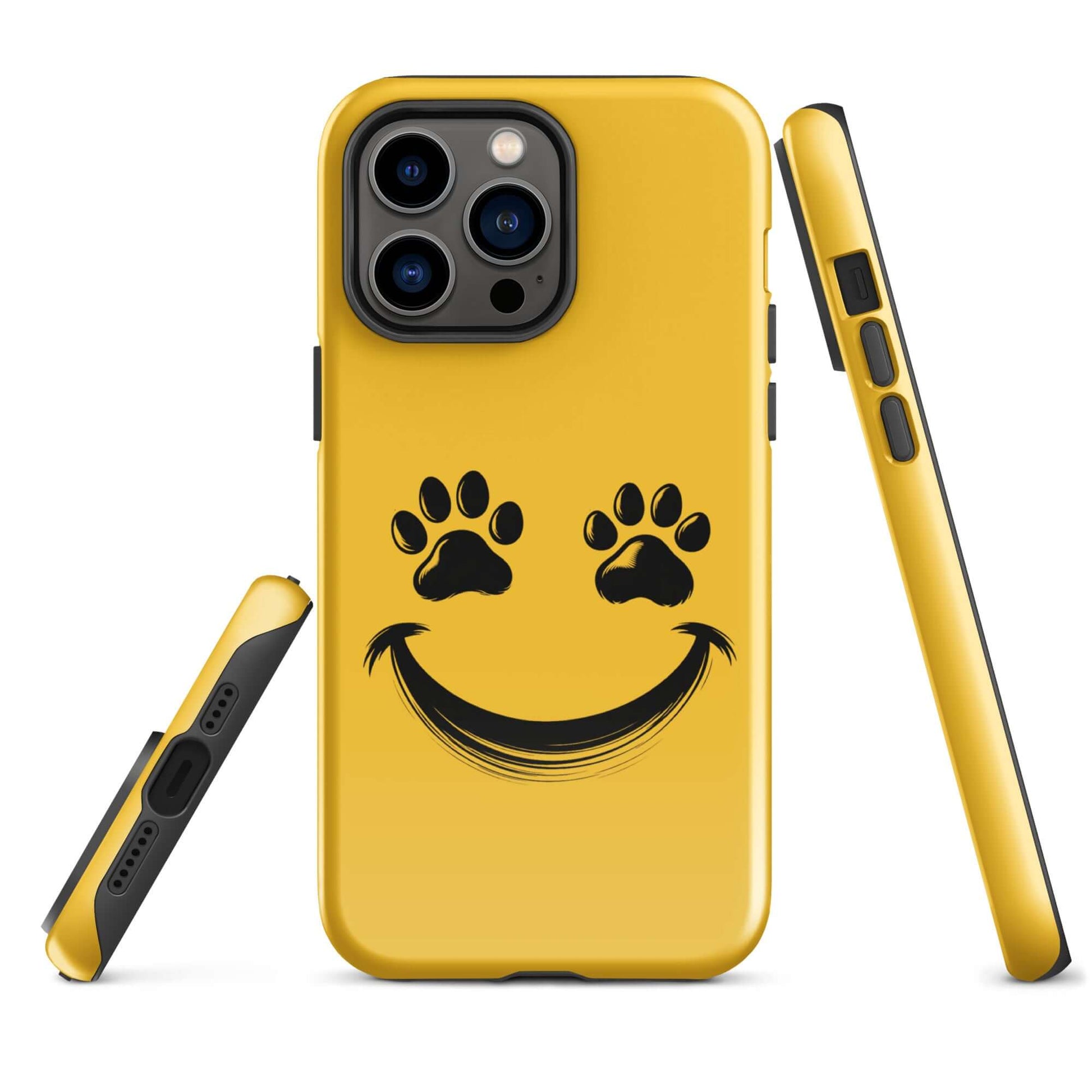 Phone Case for iPhone with smiley face and paw print design in yellow, perfect for playful pet lovers.