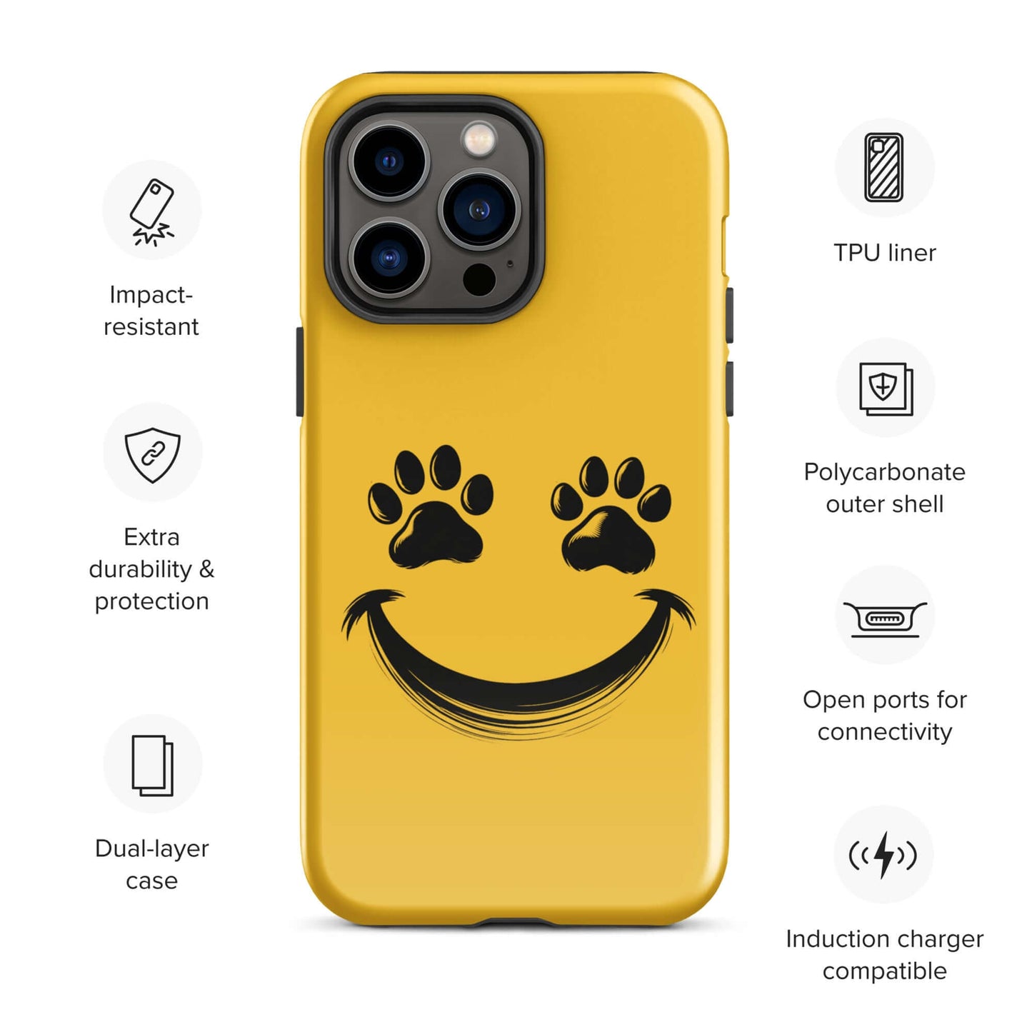 Phone Case for iPhone with smiley paw print design, perfect for pet lovers, showcasing durability and playful charm in bright yellow.