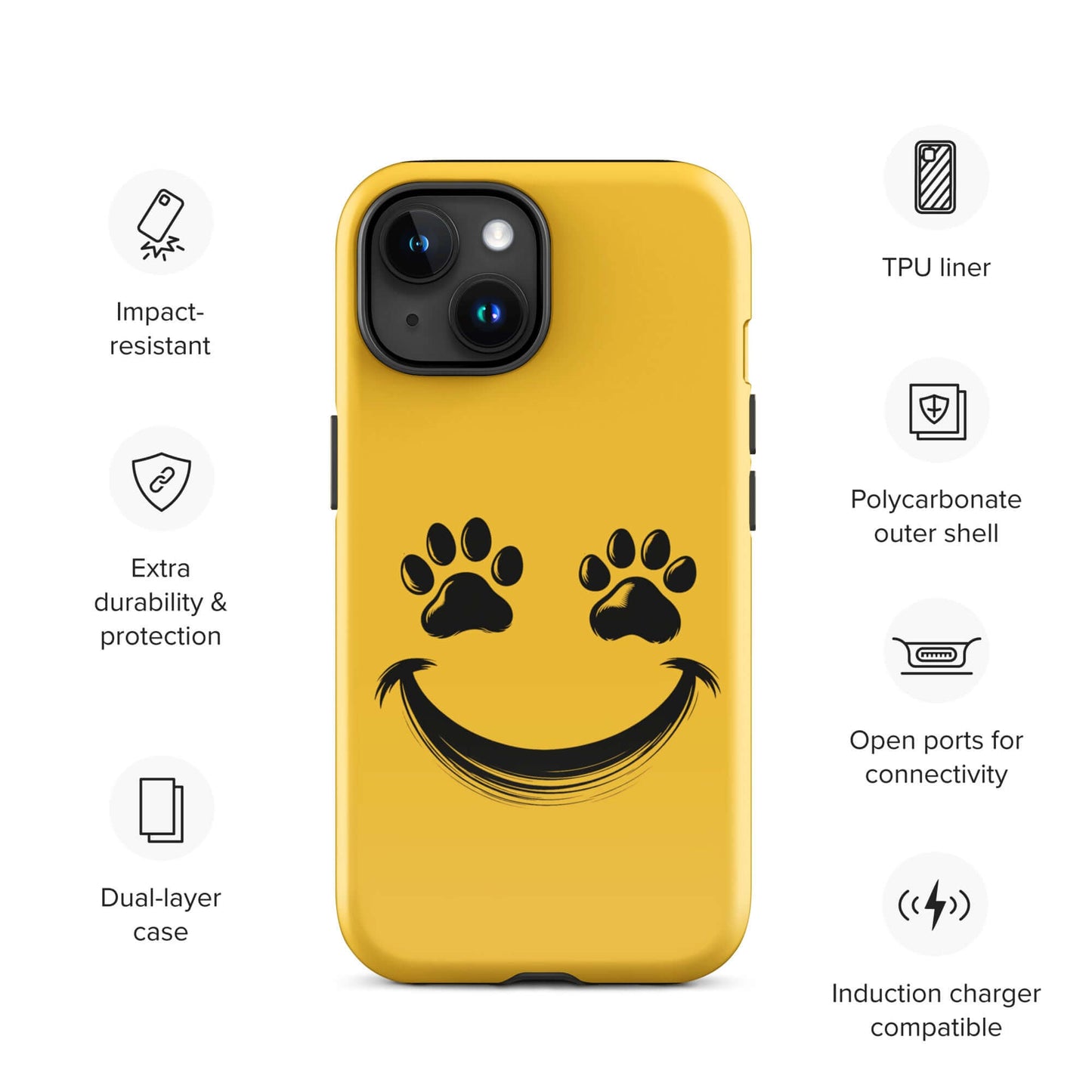 Phone Case for iPhone with smiley face and paw prints, perfect for pet lovers seeking a playful design and durable protection for their device.