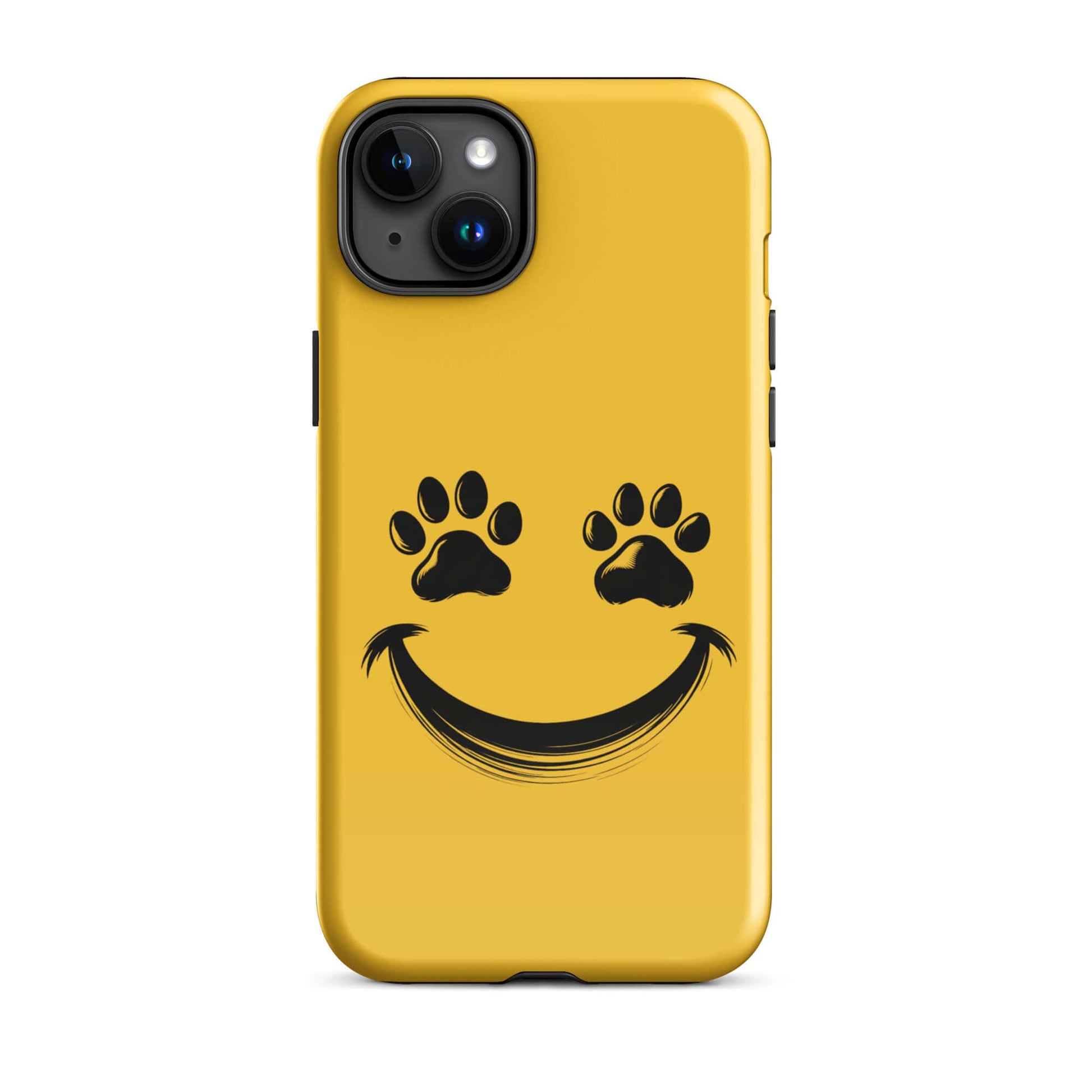Phone Case with smiley paw print design for playful pet lovers, cheerful yellow cover compatible with iPhone.
