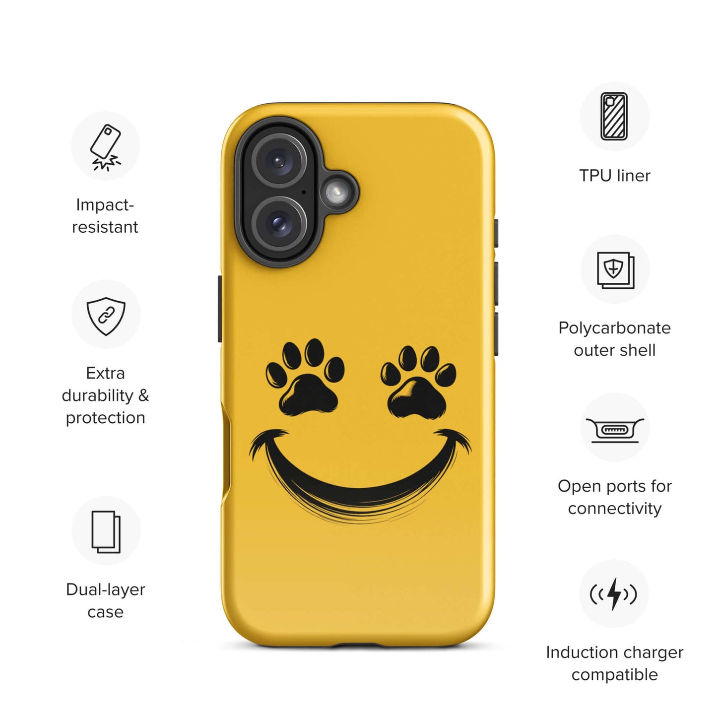Yellow phone case for iPhone with smiley face designed from paw prints, perfect for playful pet lovers seeking durability and charm.