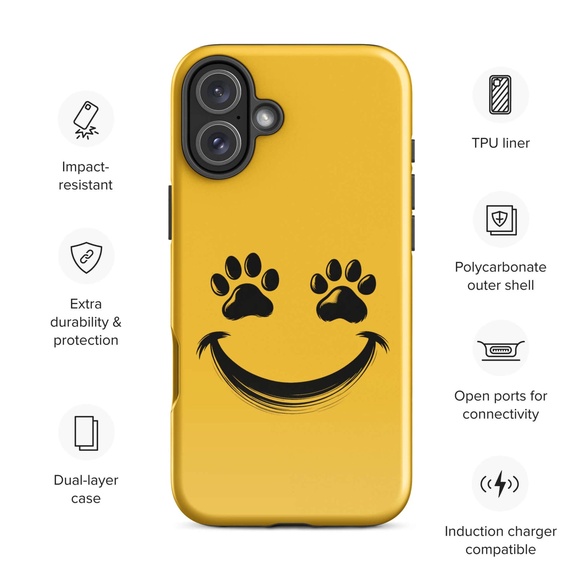 Phone Case for iPhone featuring smiley face with paw print eyes for playful pet lovers, durable and stylish design.