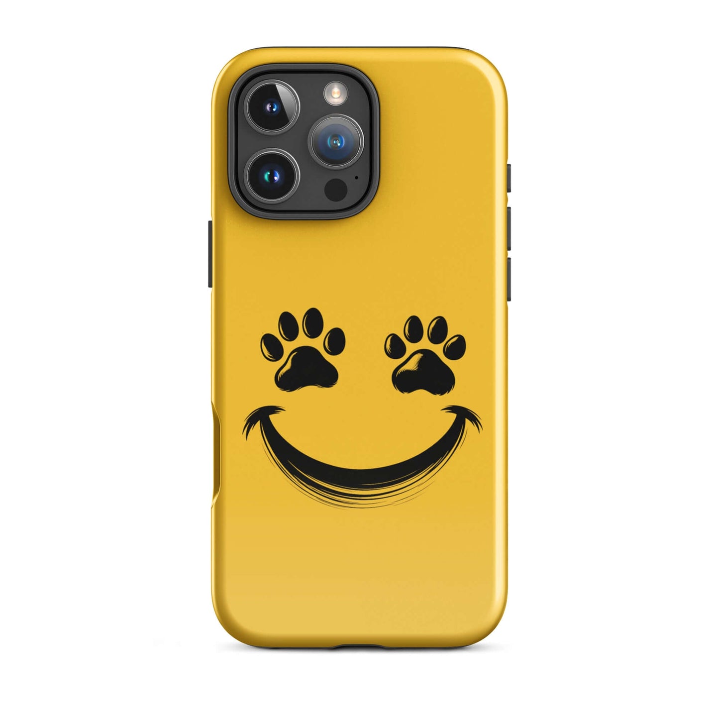 Phone Case for iPhone with smiley face and paw print design for pet lovers, yellow color.