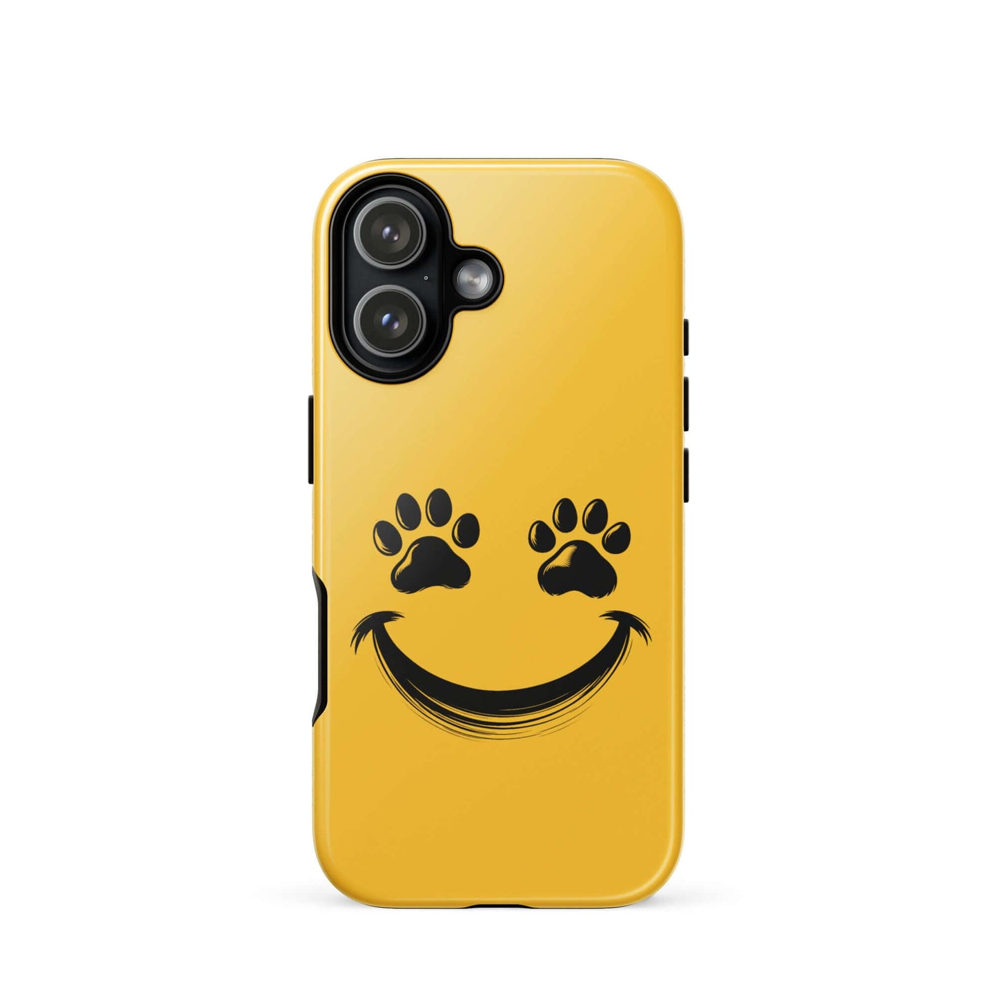 Phone Case for iPhone with smiley face and paw prints for pet lovers, yellow design, adds charm and durability to your device.