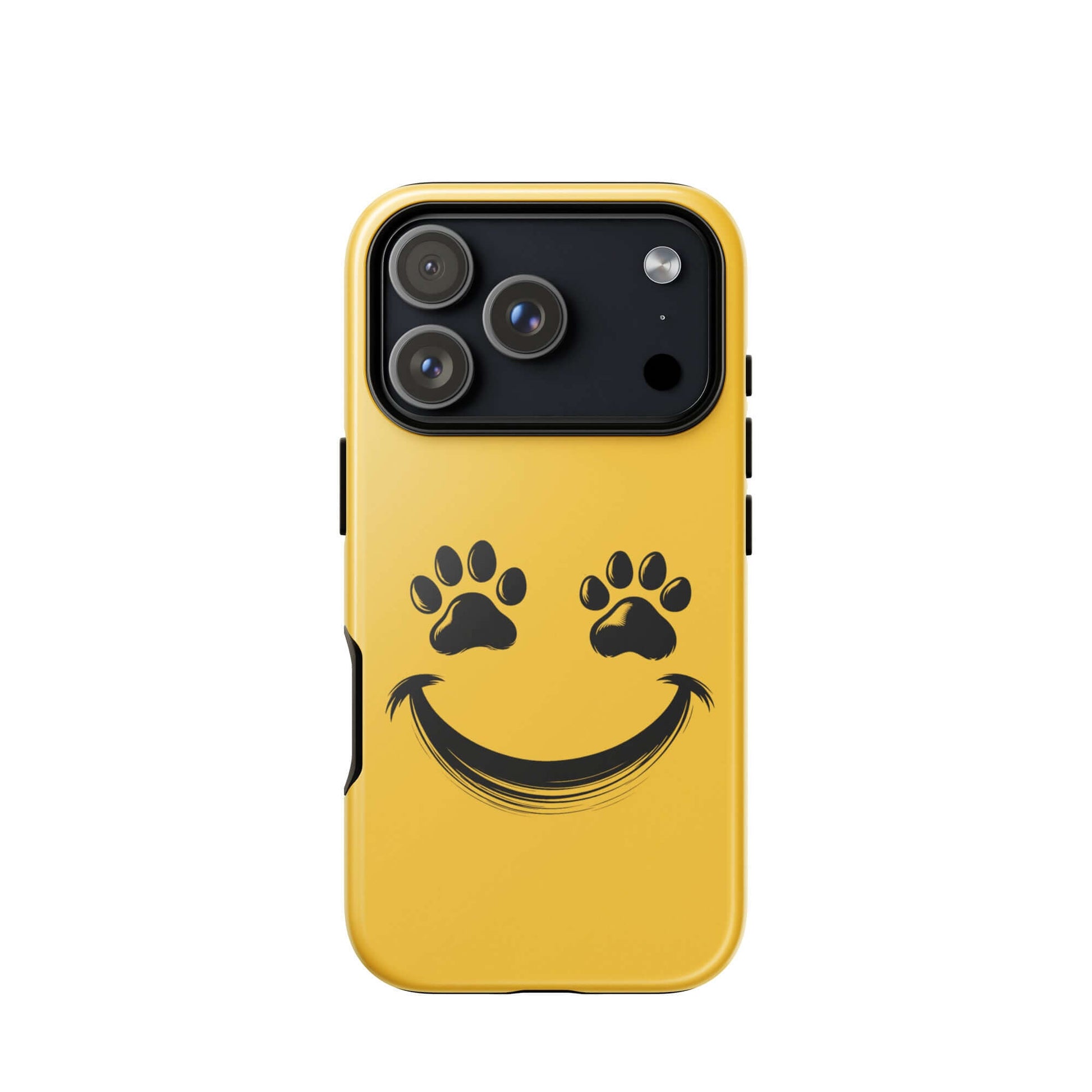 Phone Case with smiley paw print design for pet lovers, compatible with iPhone, featuring a cheerful yellow cover with durable quality.