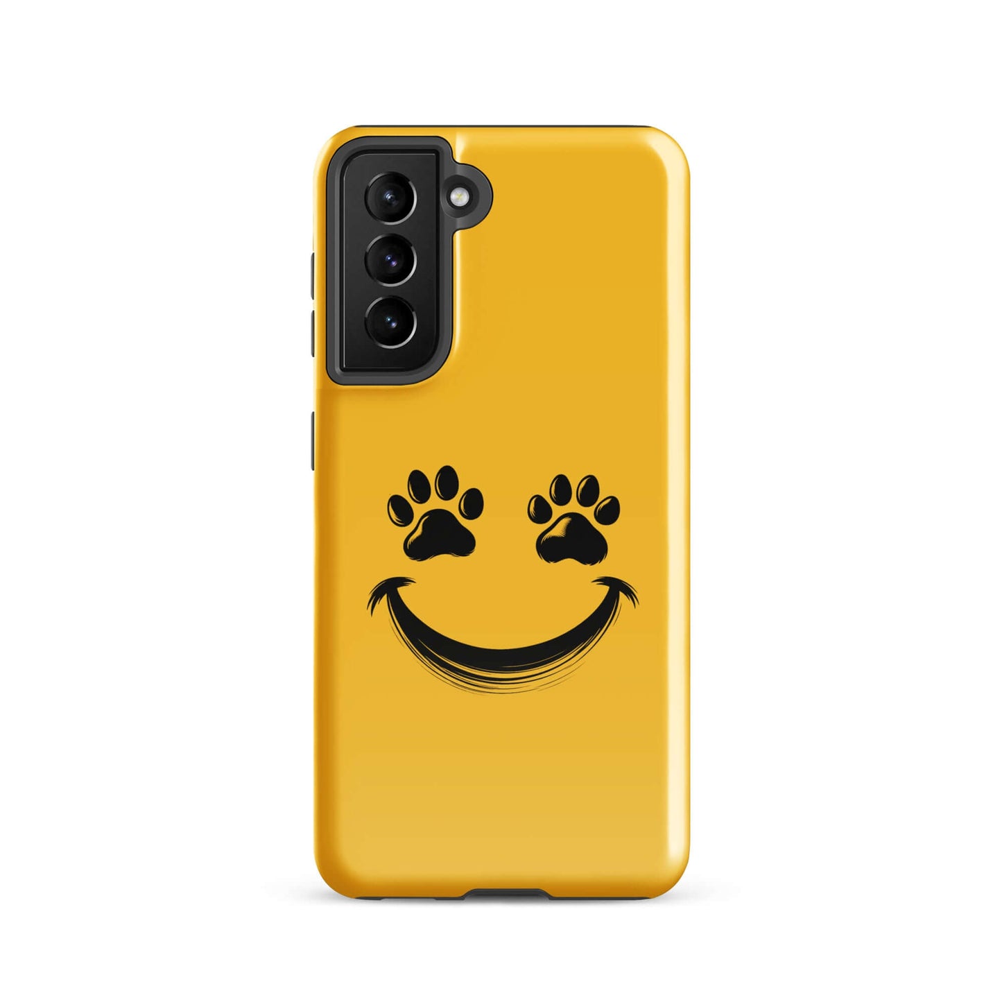 Yellow Samsung Galaxy Phone Case with smiley paw print design for pet lovers.