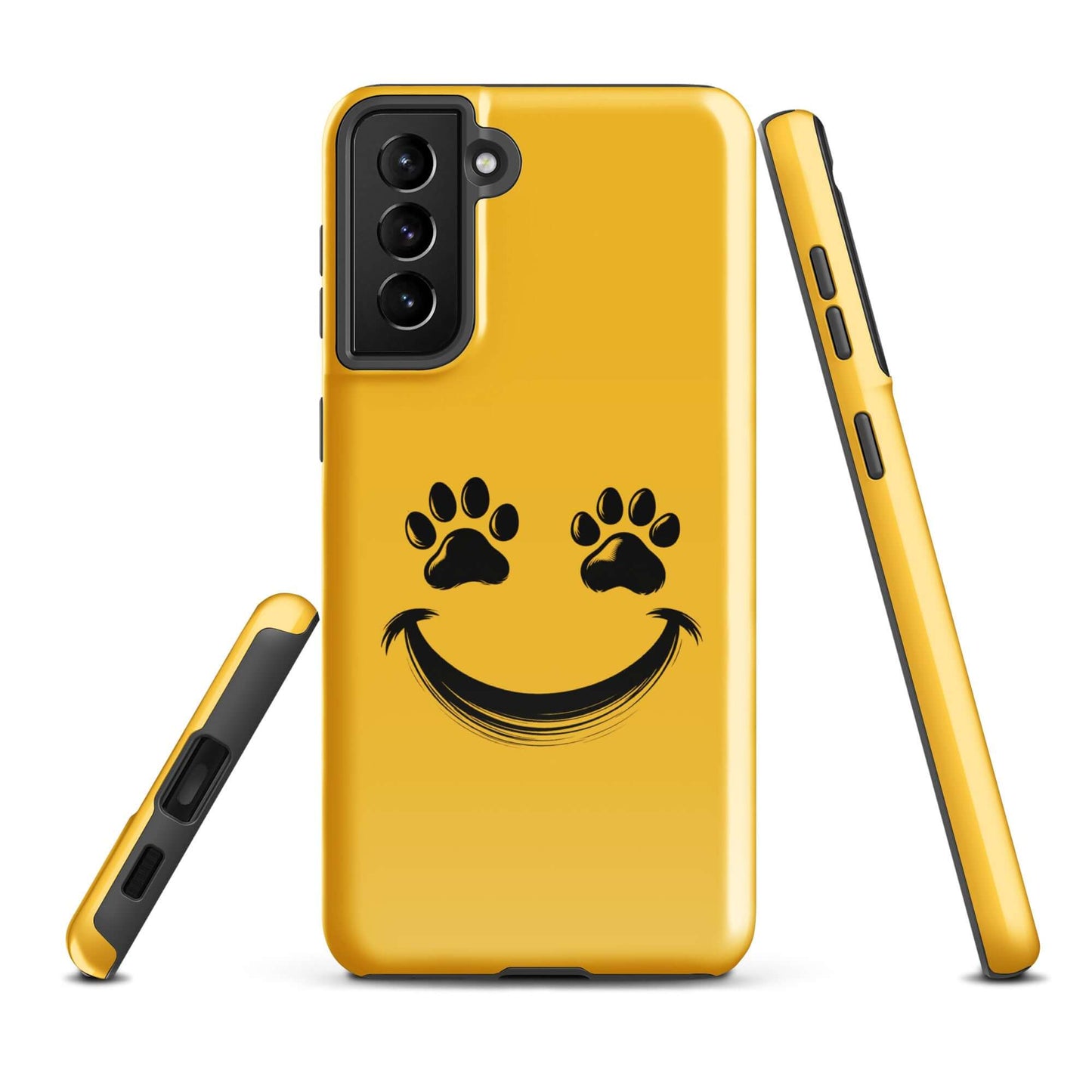 Phone Case for Samsung Galaxy with smiley paw print design for pet lovers, yellow protective cover with playful paw eyes.