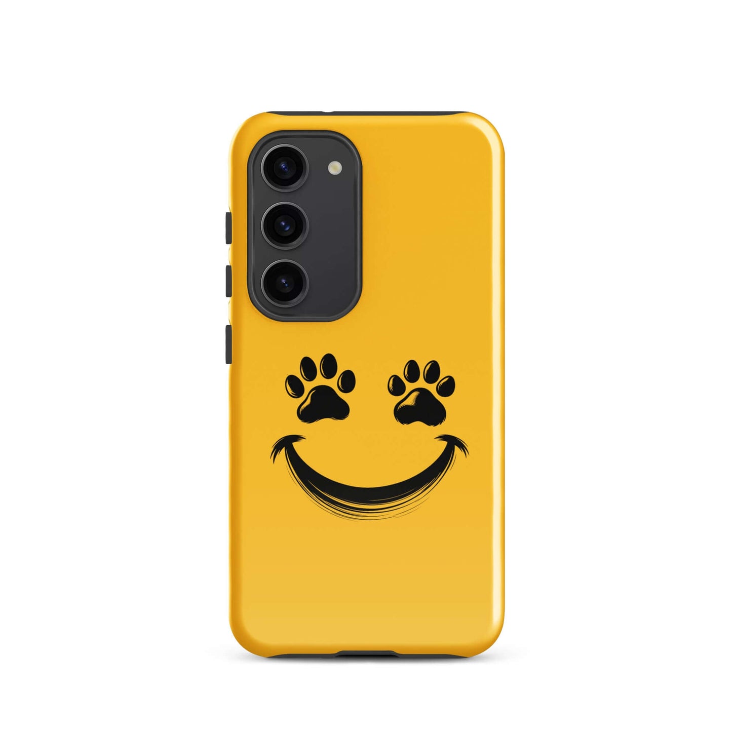 Yellow Phone Case for Samsung Galaxy with smiley face and paw prints design for pet lovers.