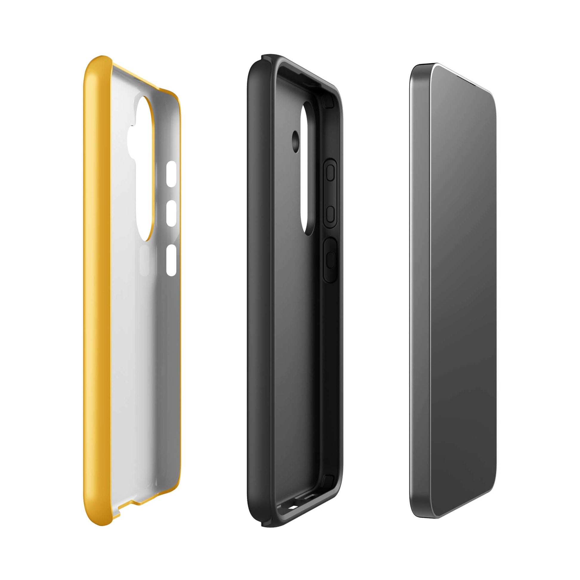 Phone Case for Samsung Galaxy in yellow and black, showcasing a playful smiley paw print design for pet lovers. Durable everyday use.
