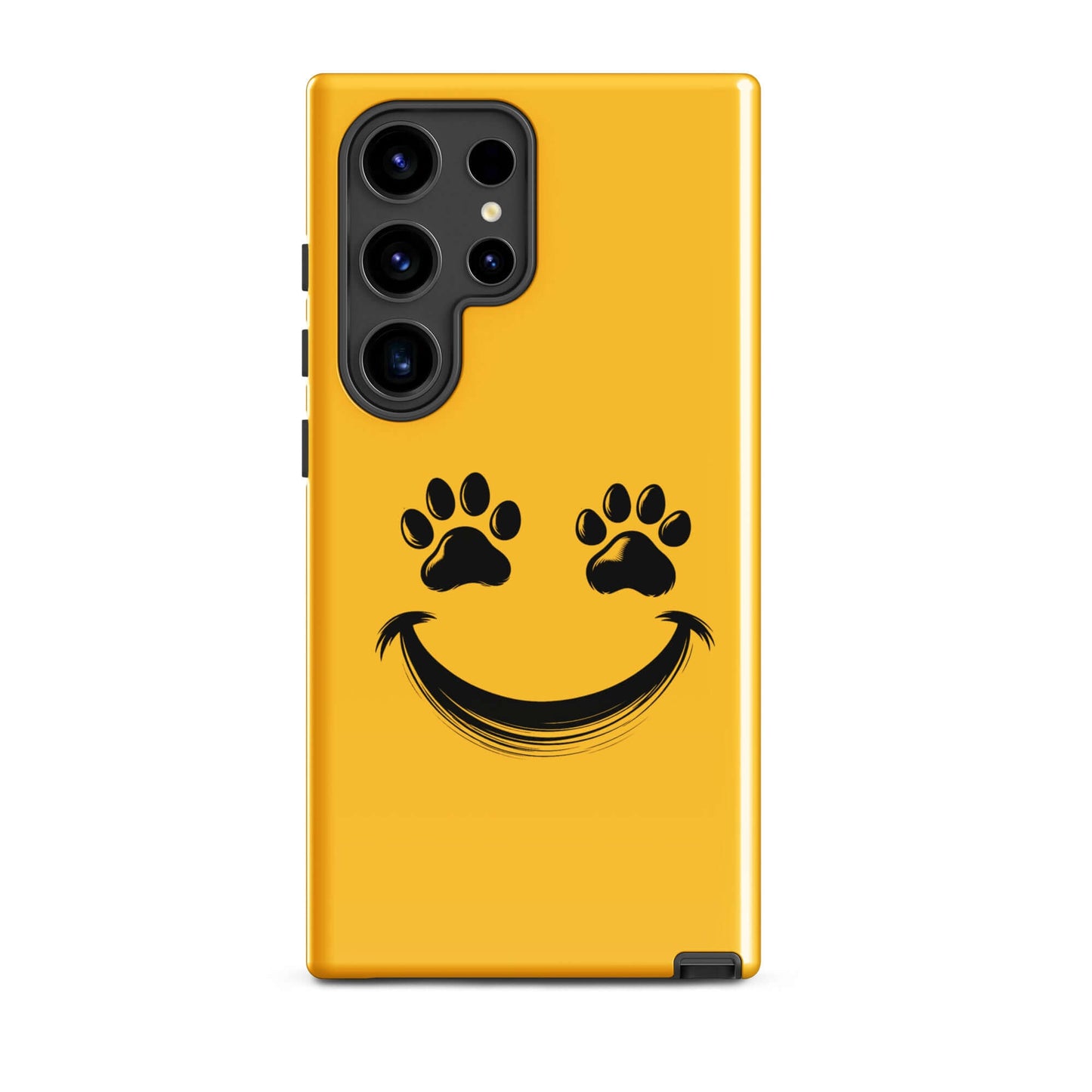Yellow Phone Case for Samsung Galaxy with smiley paw print design for pet lovers.