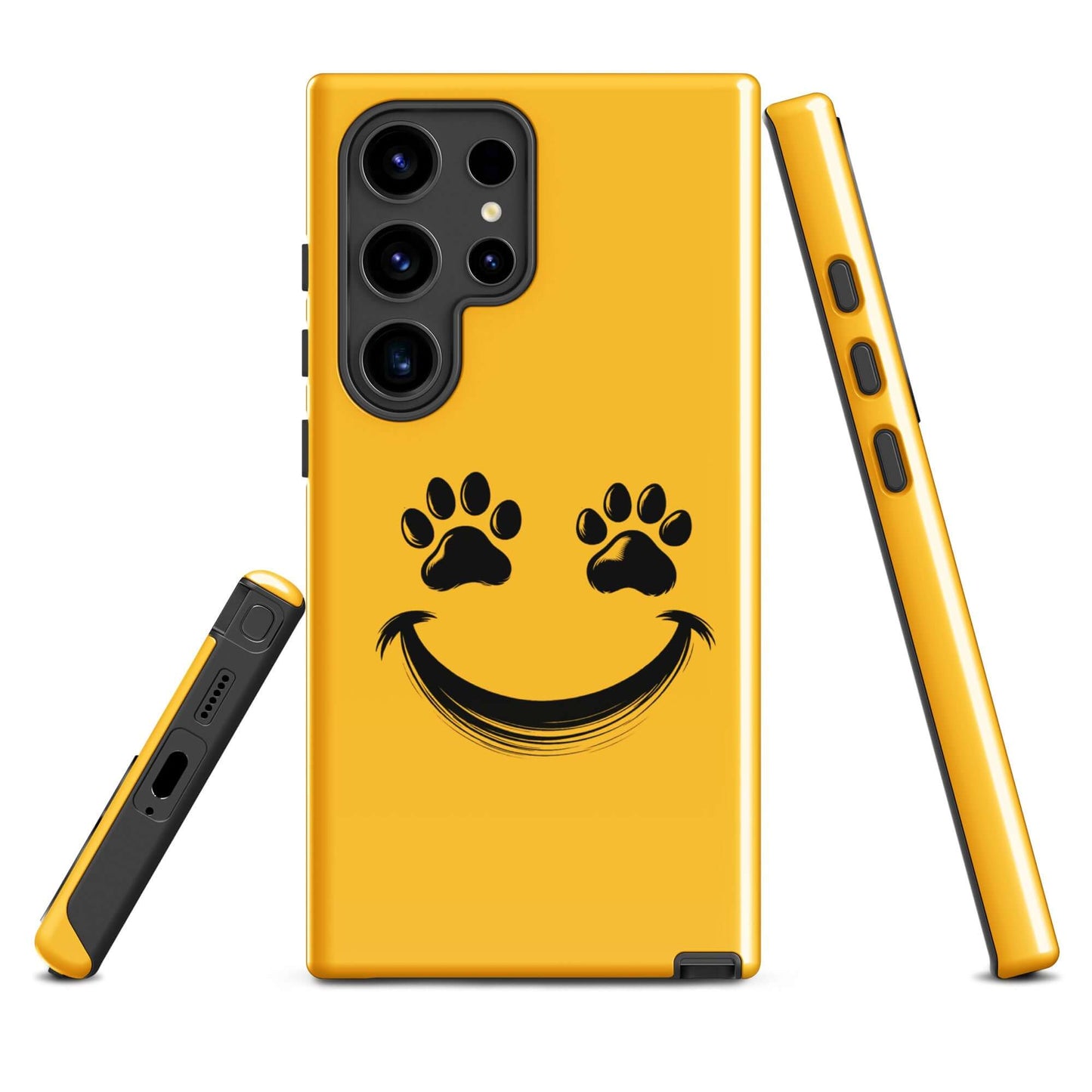 Yellow Phone Case for Samsung Galaxy with smiley paw print design, perfect for playful pet lovers seeking charm and personality.