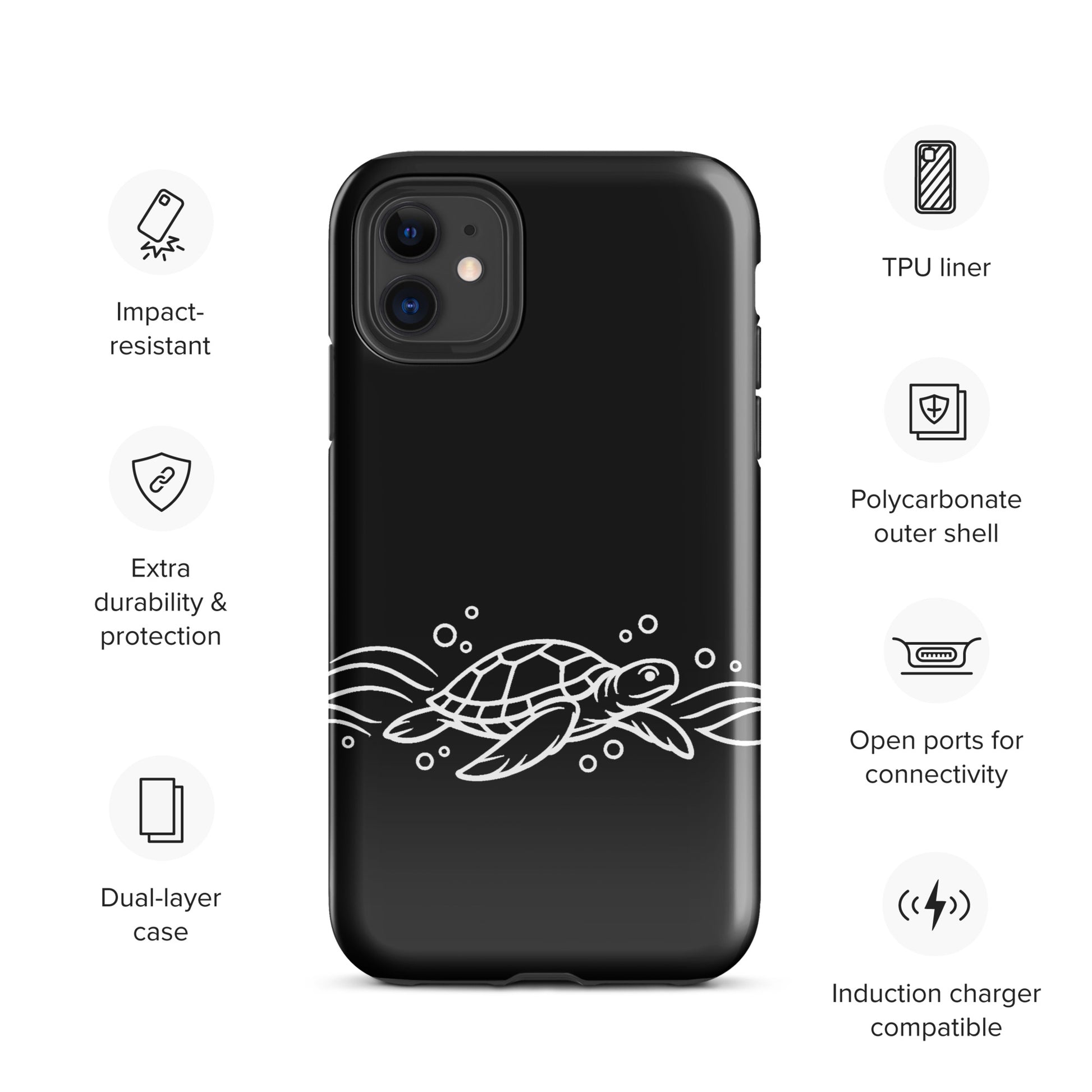 Phone Case featuring minimalist sea turtle with abstract waves on black background, impact-resistant and compatible with iPhone.