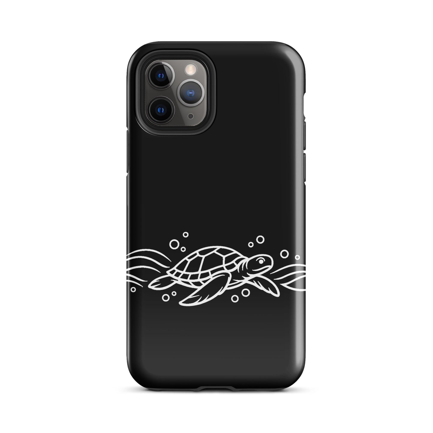 Phone Case for iPhone featuring minimalist sea turtle with abstract waves on black background, marine life-inspired design.
