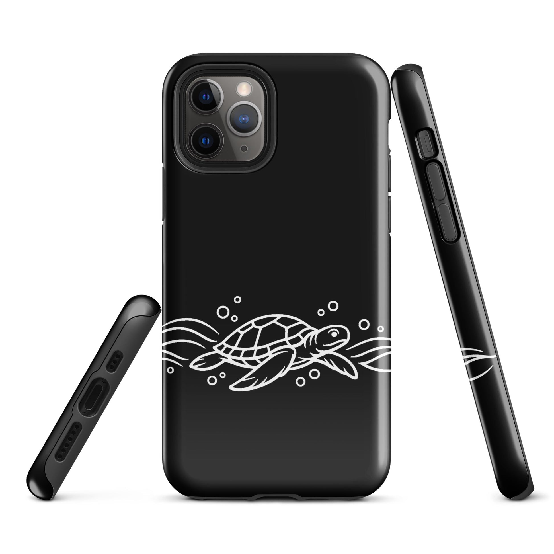 Phone Case with minimalist sea turtle design and abstract waves for iPhone, featuring ocean-inspired vector art, in sleek black color.