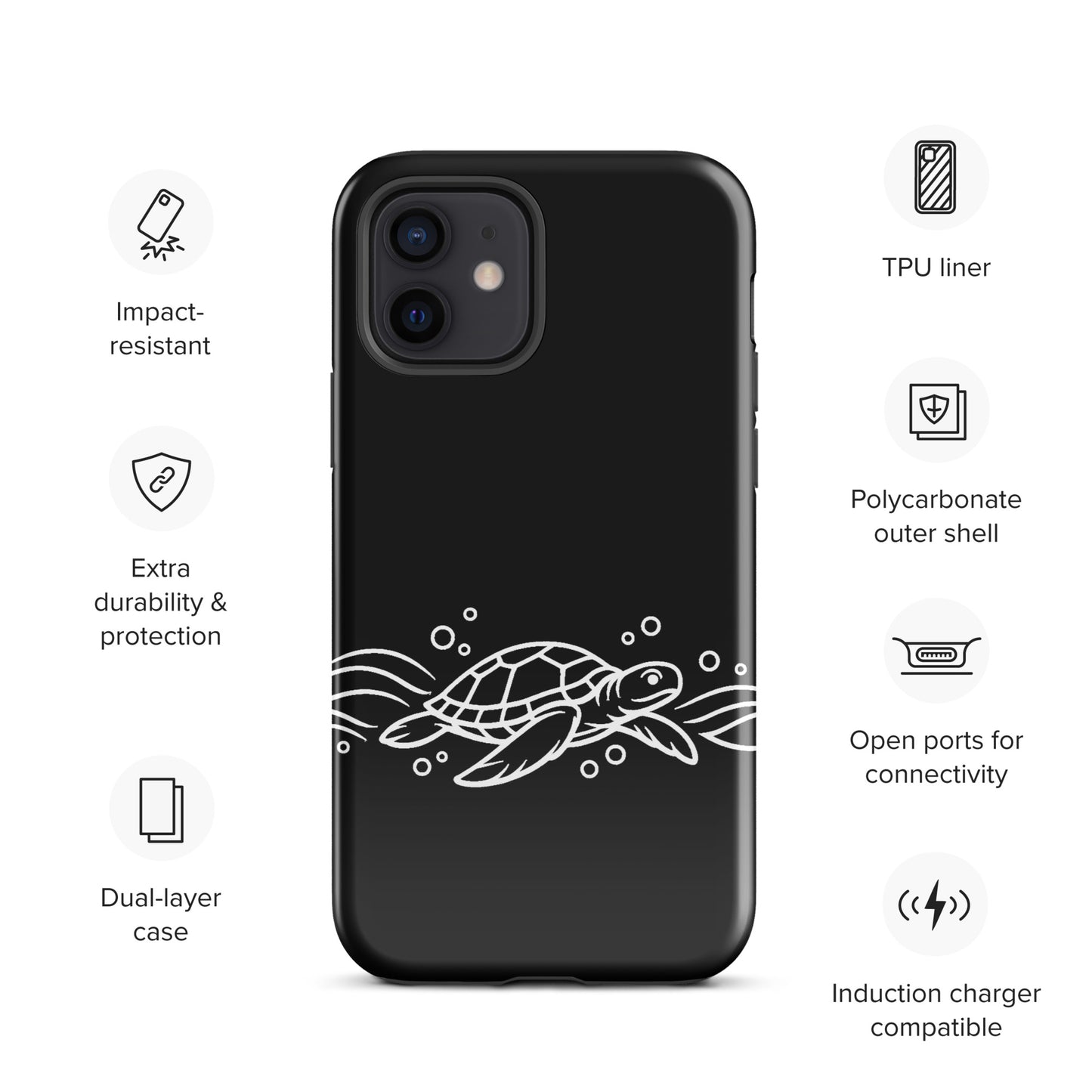 Phone Case with minimalist sea turtle design and abstract waves on iPhone, highlighting durability and wireless charging compatibility.