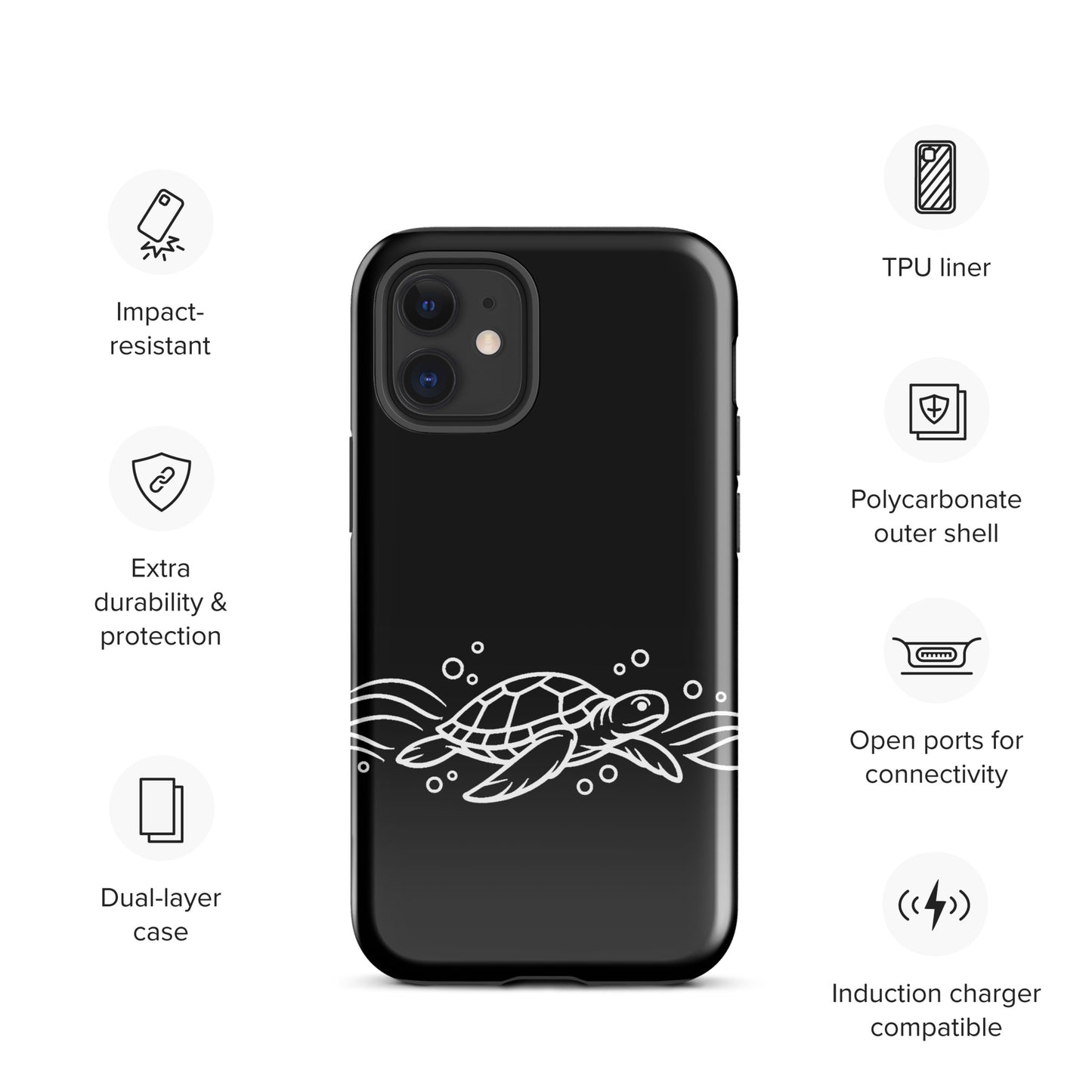 Phone Case for iPhone with minimalist sea turtle and abstract waves design, showcasing durability features and connectivity ports.