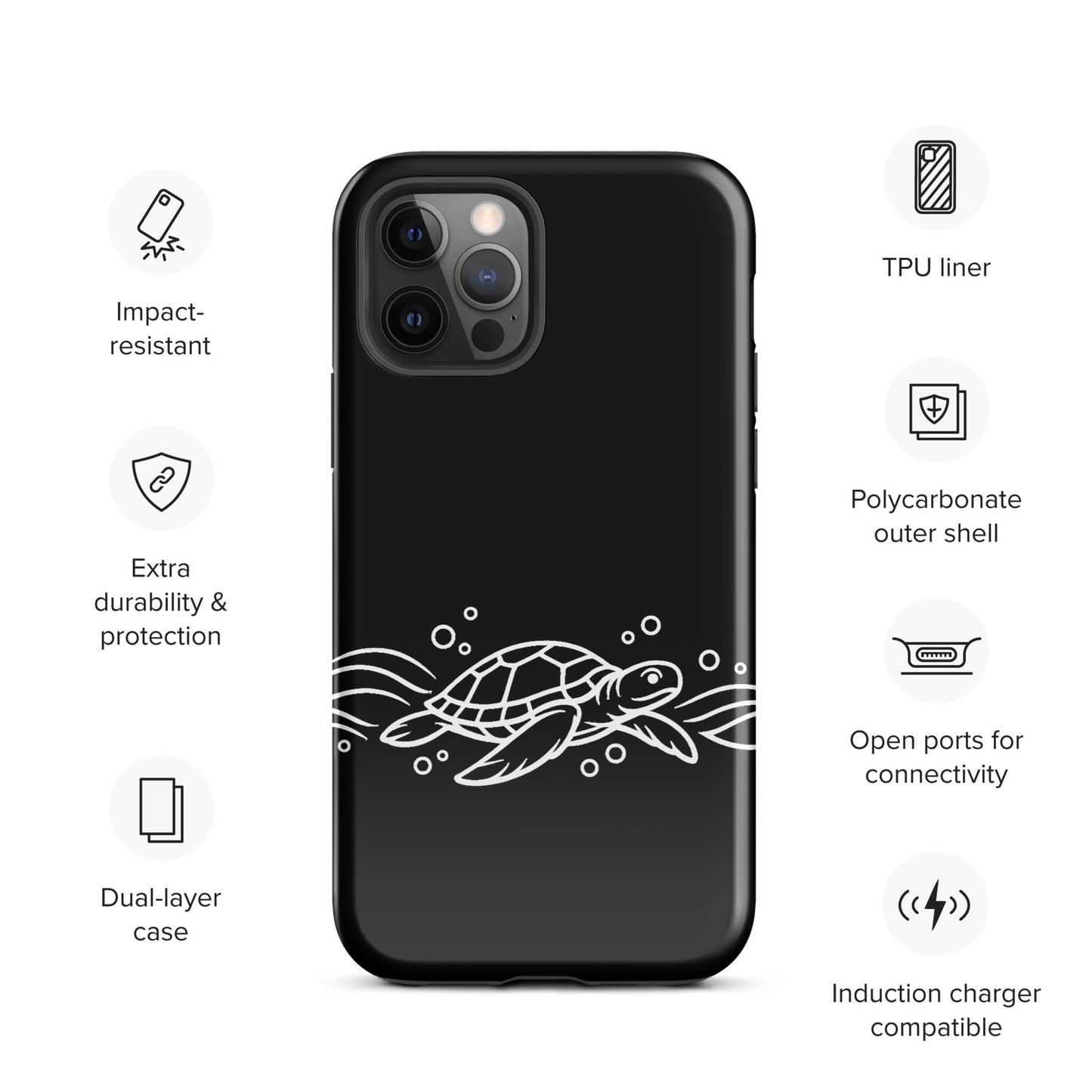 Phone Case for iPhone with minimalist sea turtle design and abstract waves in black background, impact-resistant and stylish.