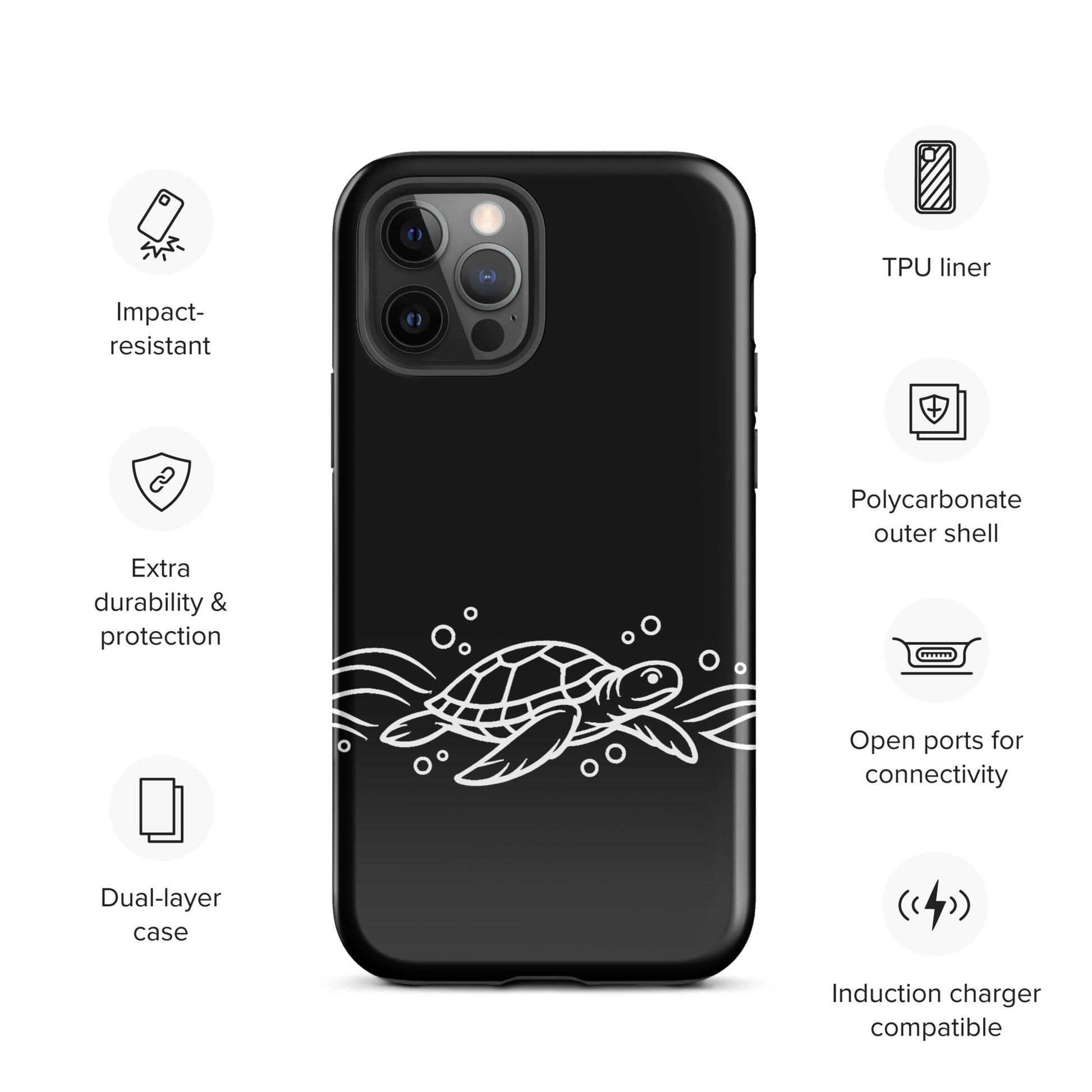 Phone Case for iPhone with minimalist sea turtle design and abstract waves in black background, impact-resistant and stylish.