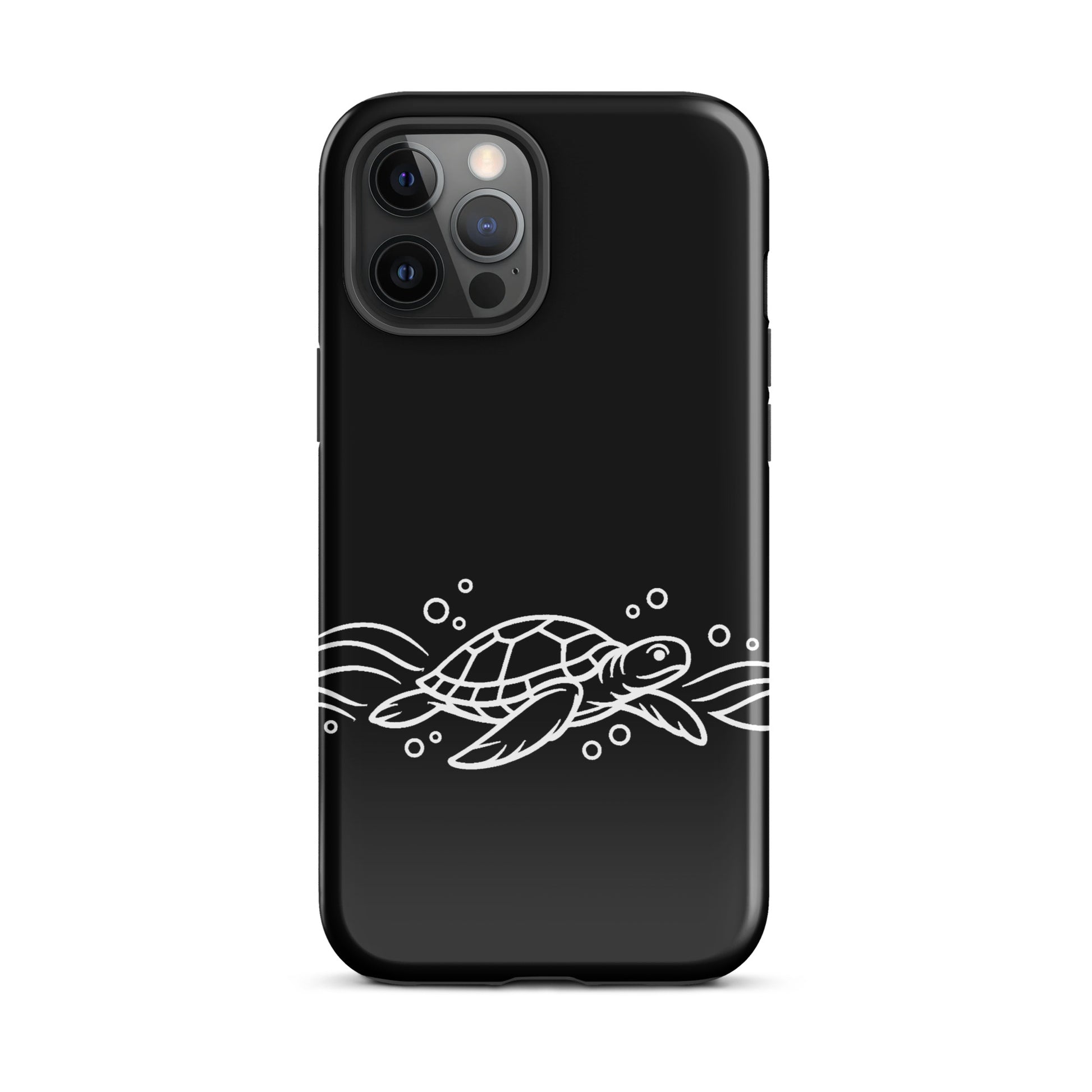 Phone Case for iPhone with minimalist sea turtle design and abstract waves on a sleek, modern black background.