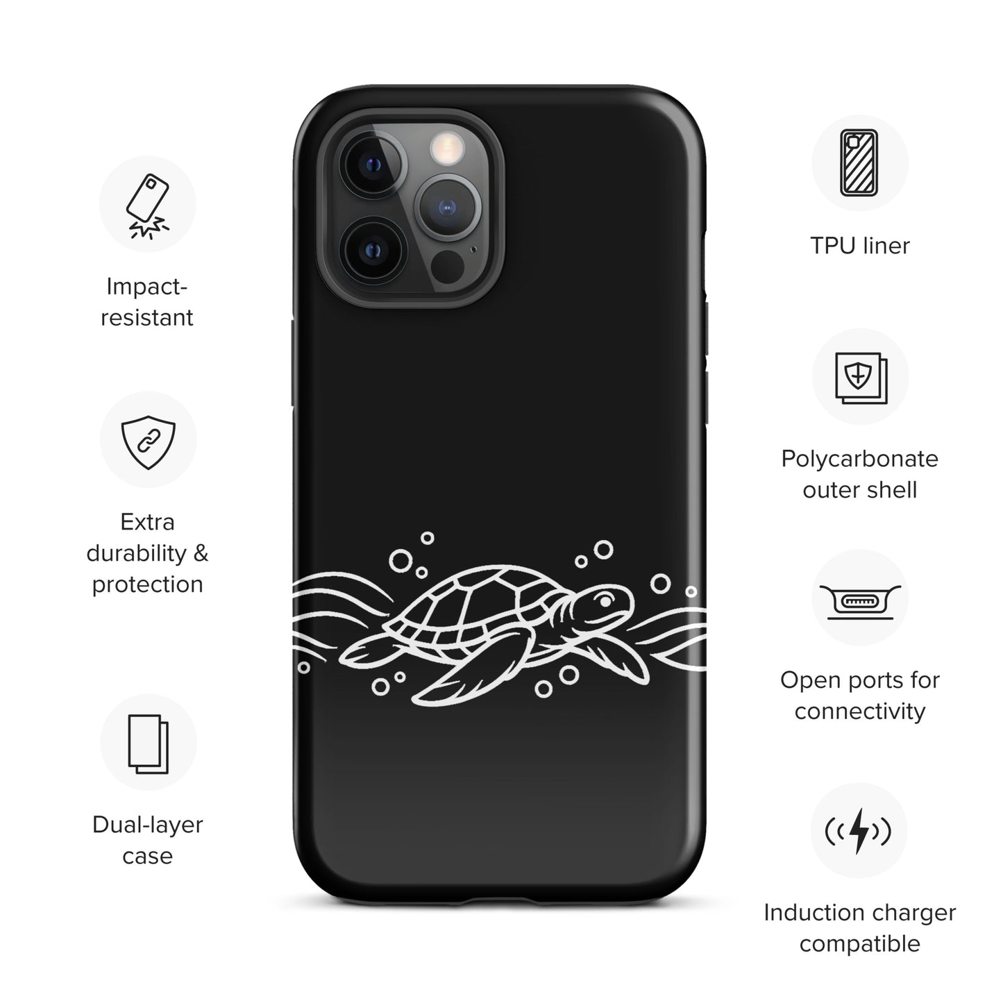 Phone Case for iPhone with minimalist sea turtle and abstract waves design, featuring impact-resistant, polycarbonate shell.