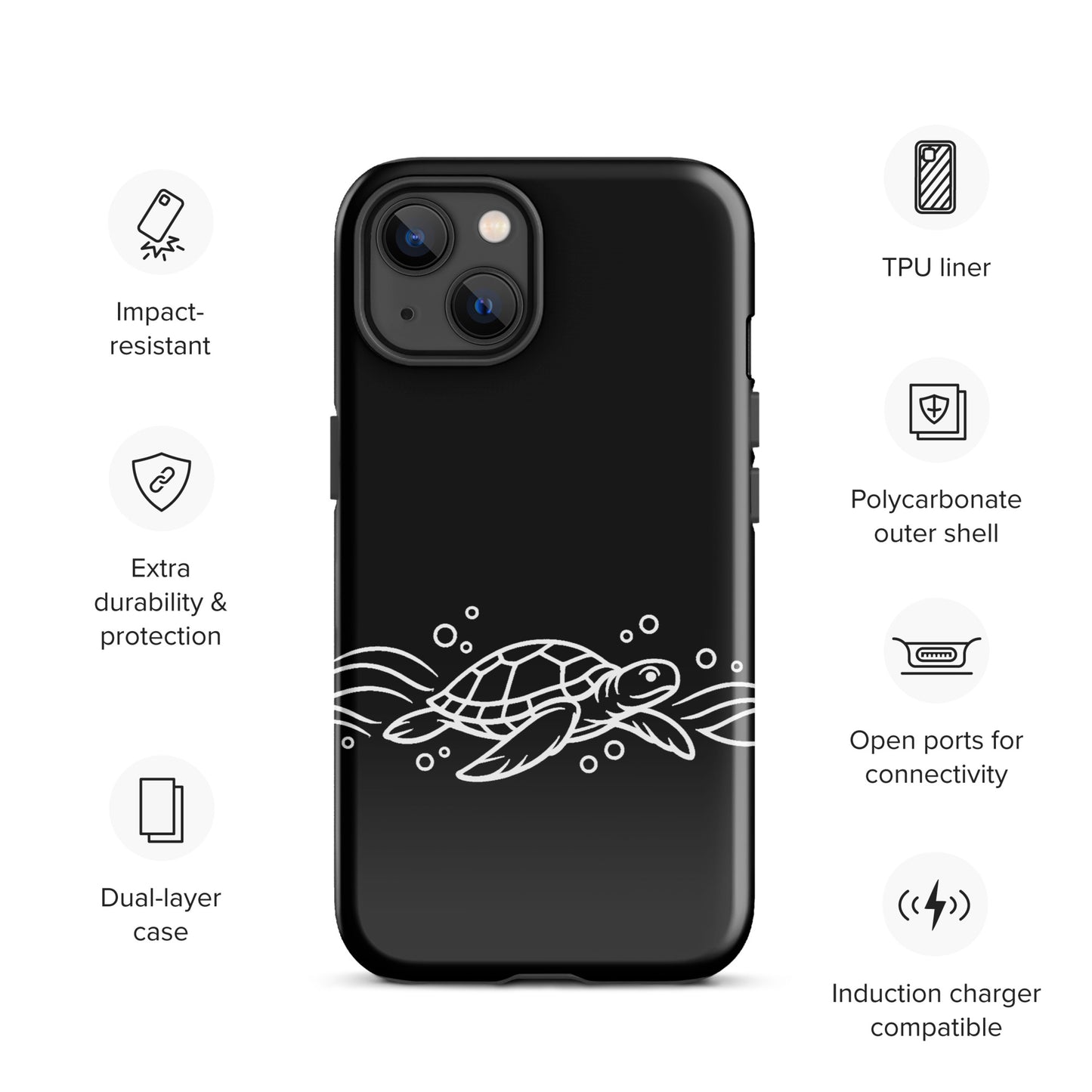 Phone Case for iPhone featuring minimalist sea turtle with abstract waves and bubbles, black design with added durability features.