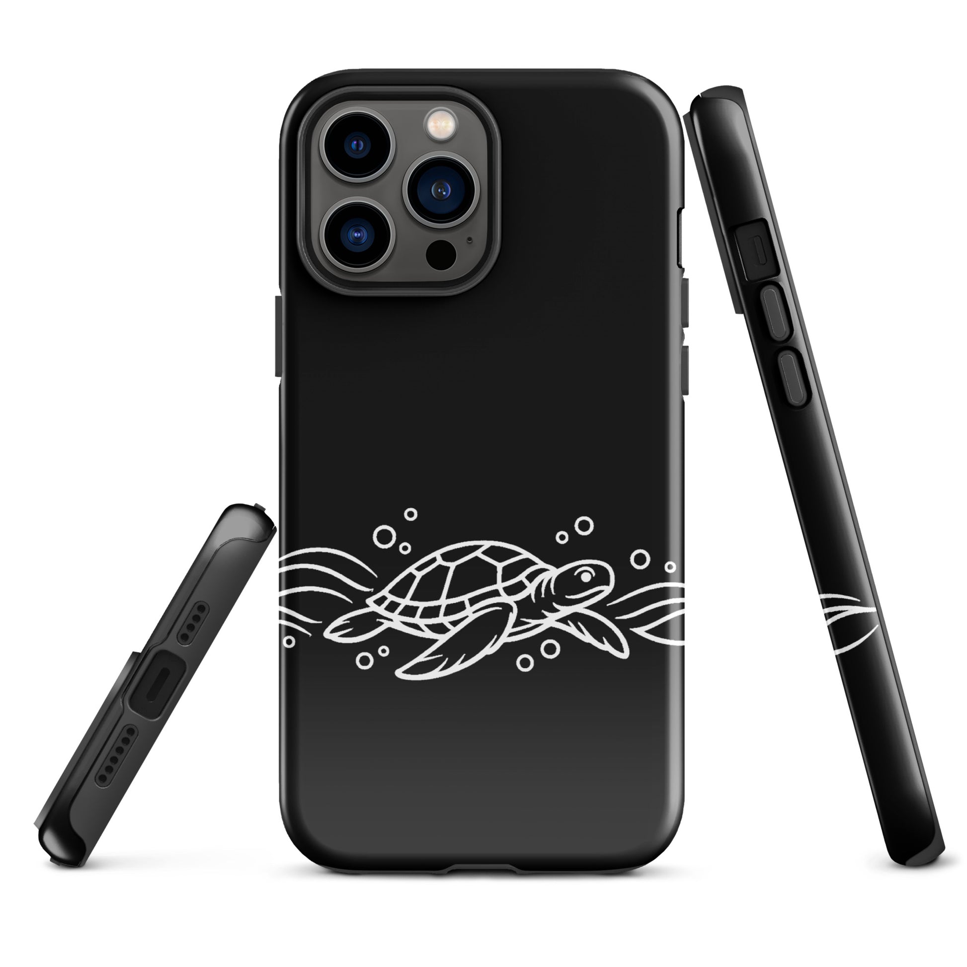 Phone Case with minimalist sea turtle and abstract waves design for iPhone, ocean-inspired black case