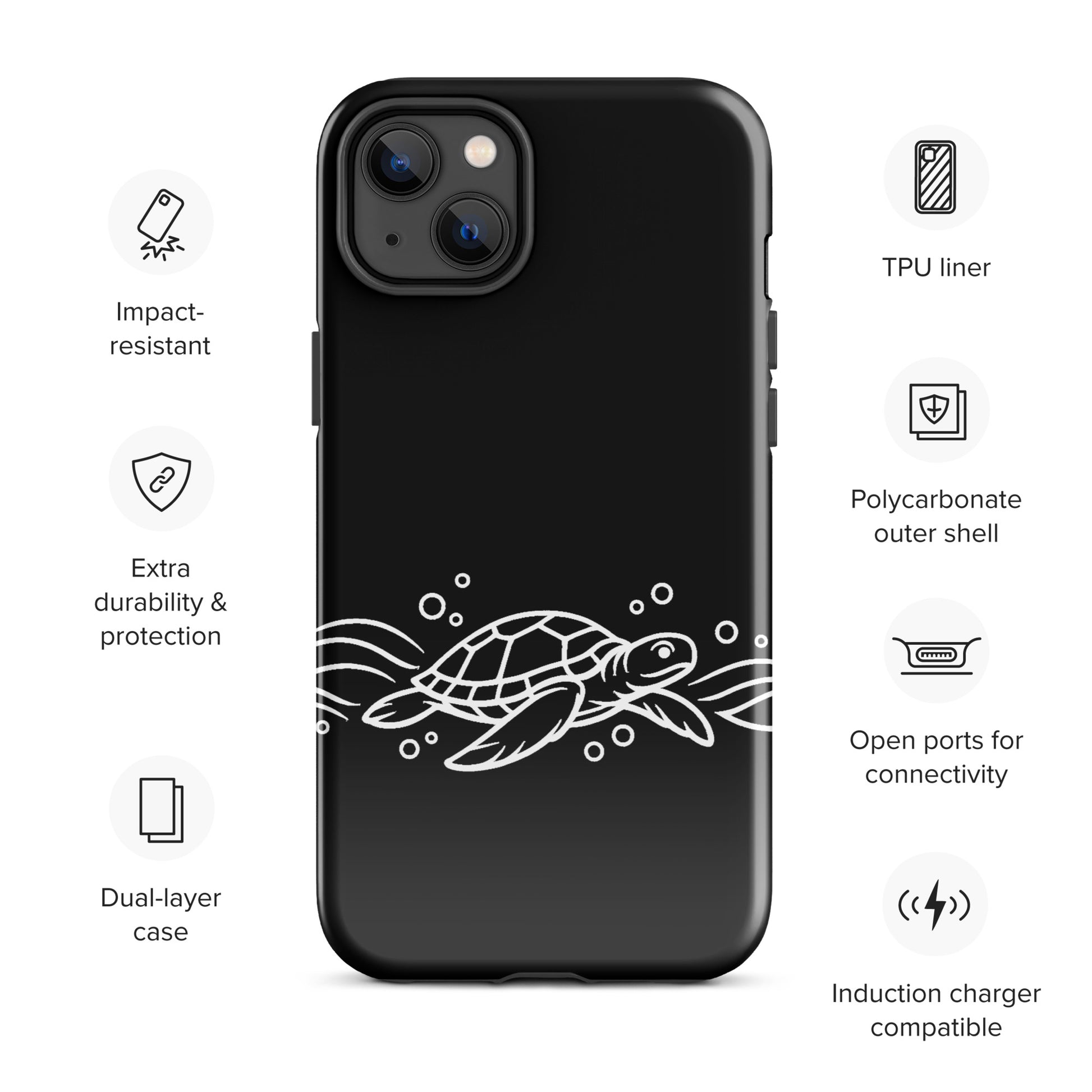 Phone Case for iPhone with minimalist sea turtle design and abstract waves, featuring impact-resistant TPU and polycarbonate protection.