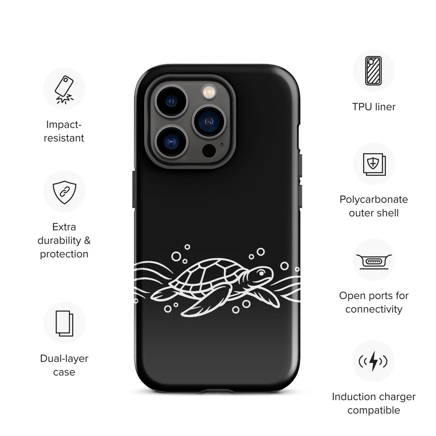 Phone Case for iPhone with minimalist sea turtle and abstract waves design, featuring impact resistance and open ports for connectivity.