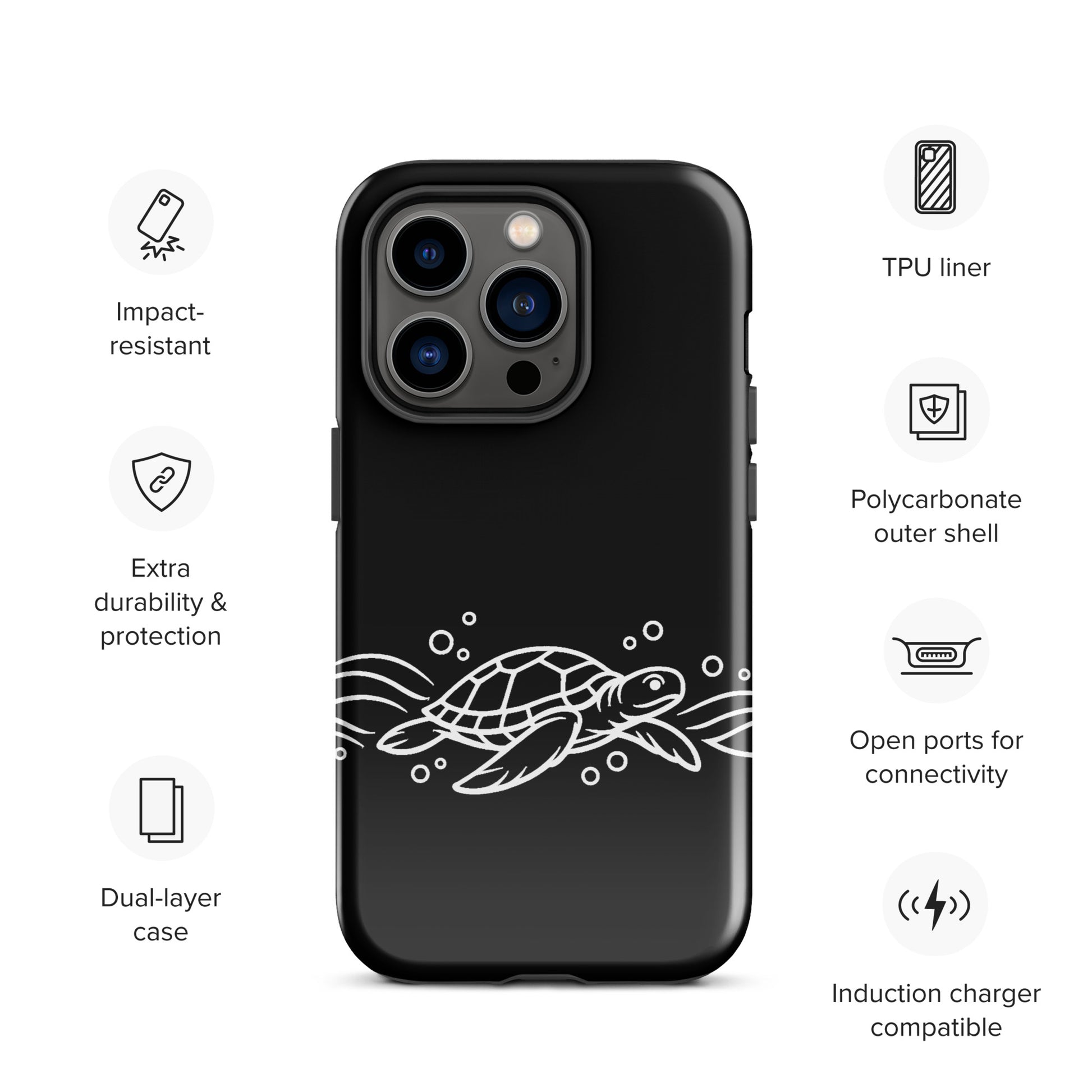 Phone Case for iPhone with minimalist sea turtle and abstract waves design, featuring impact resistance and open ports for connectivity.