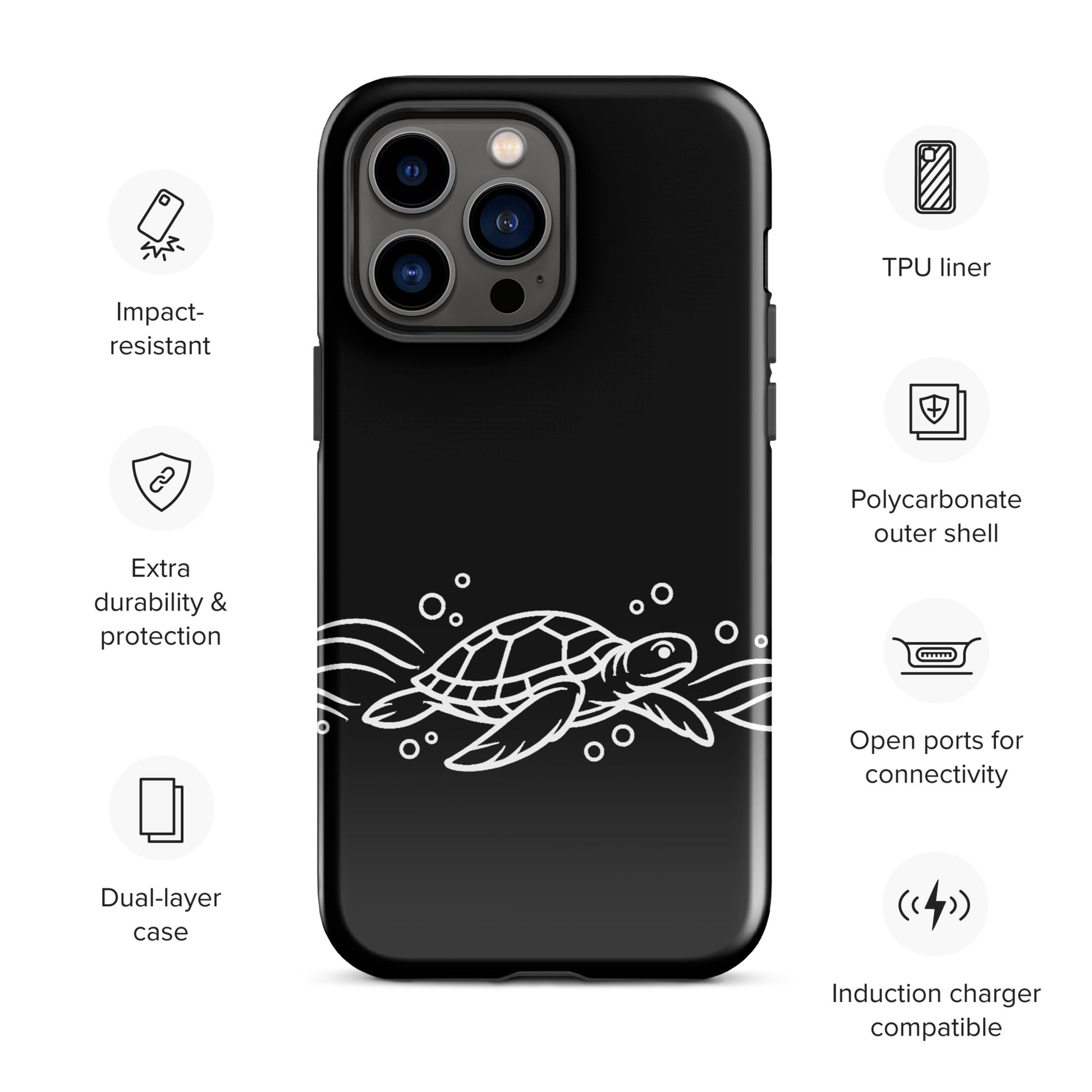 Phone Case for iPhone featuring minimalist sea turtle design with abstract waves and bubbles, showcasing durability and style.