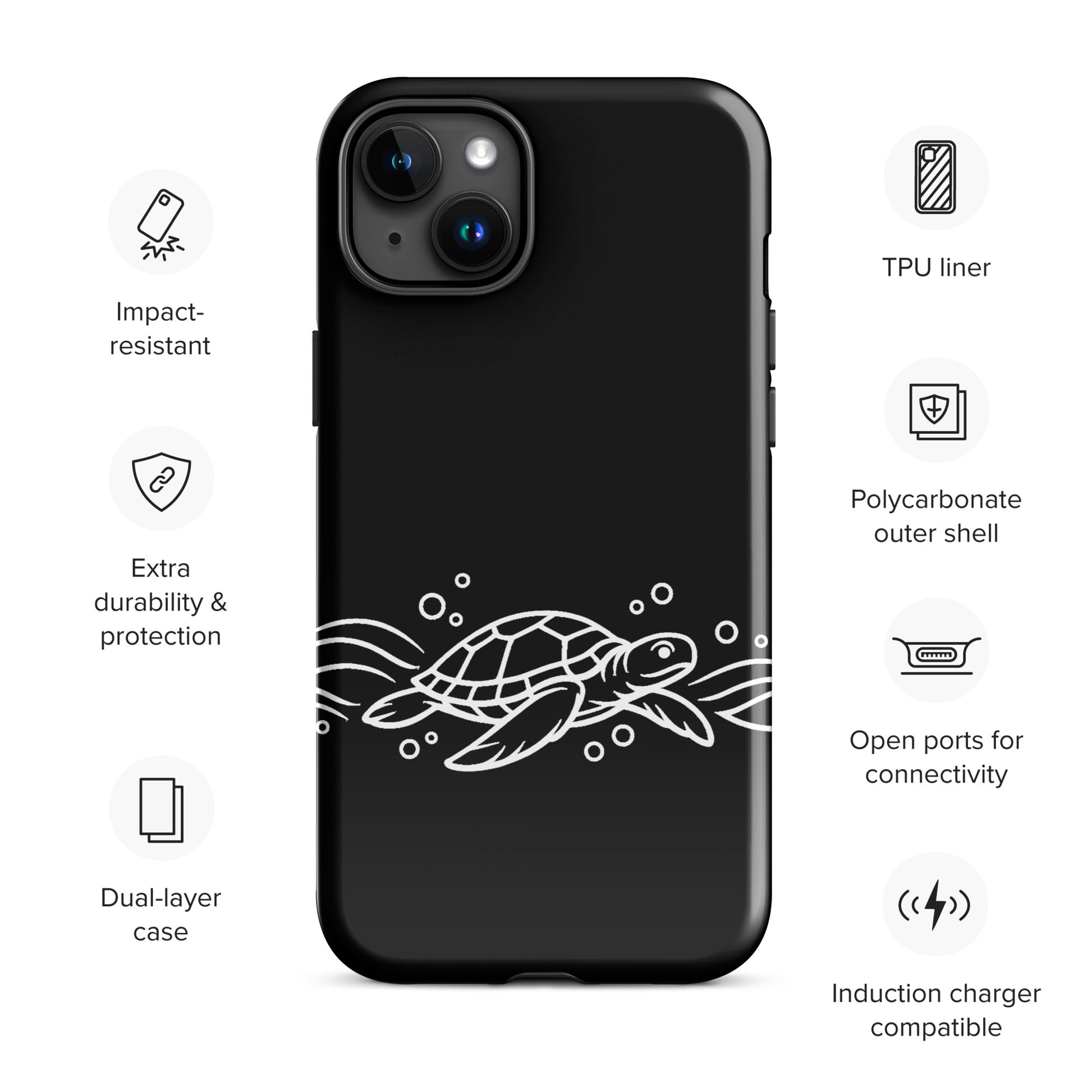 Phone Case with minimalist sea turtle and abstract waves design for iPhone, featuring durability and sleek protection for marine life lovers.