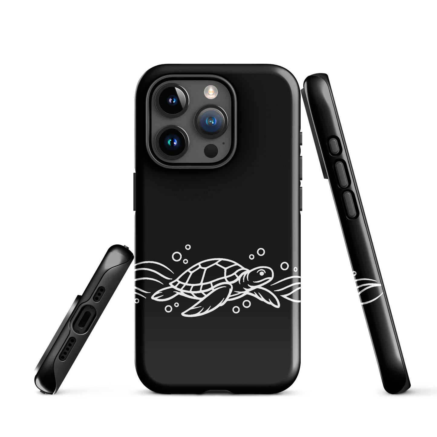 Phone Case for iPhone with minimalist sea turtle and abstract waves design on black background.