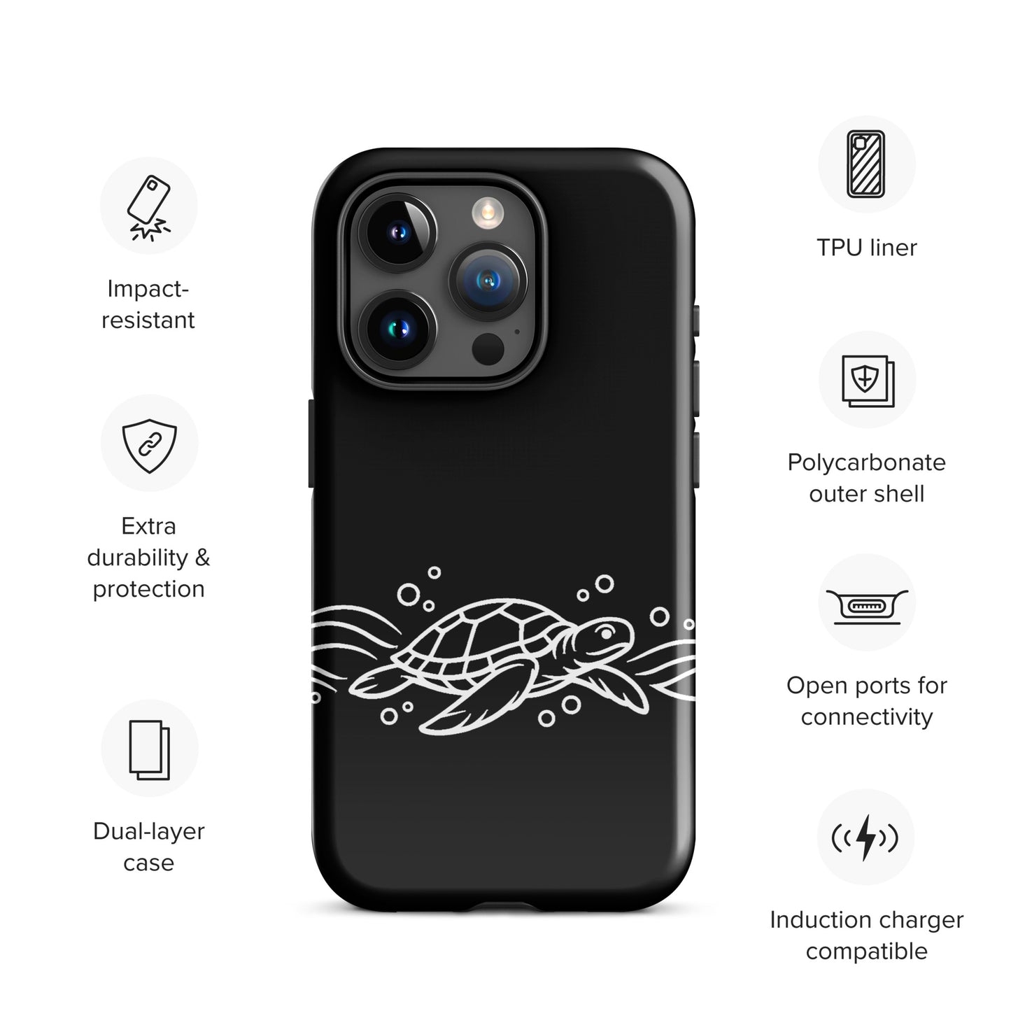 Phone Case with minimalist sea turtle and abstract waves design, featuring impact-resistant and dual-layer protection for iPhones.
