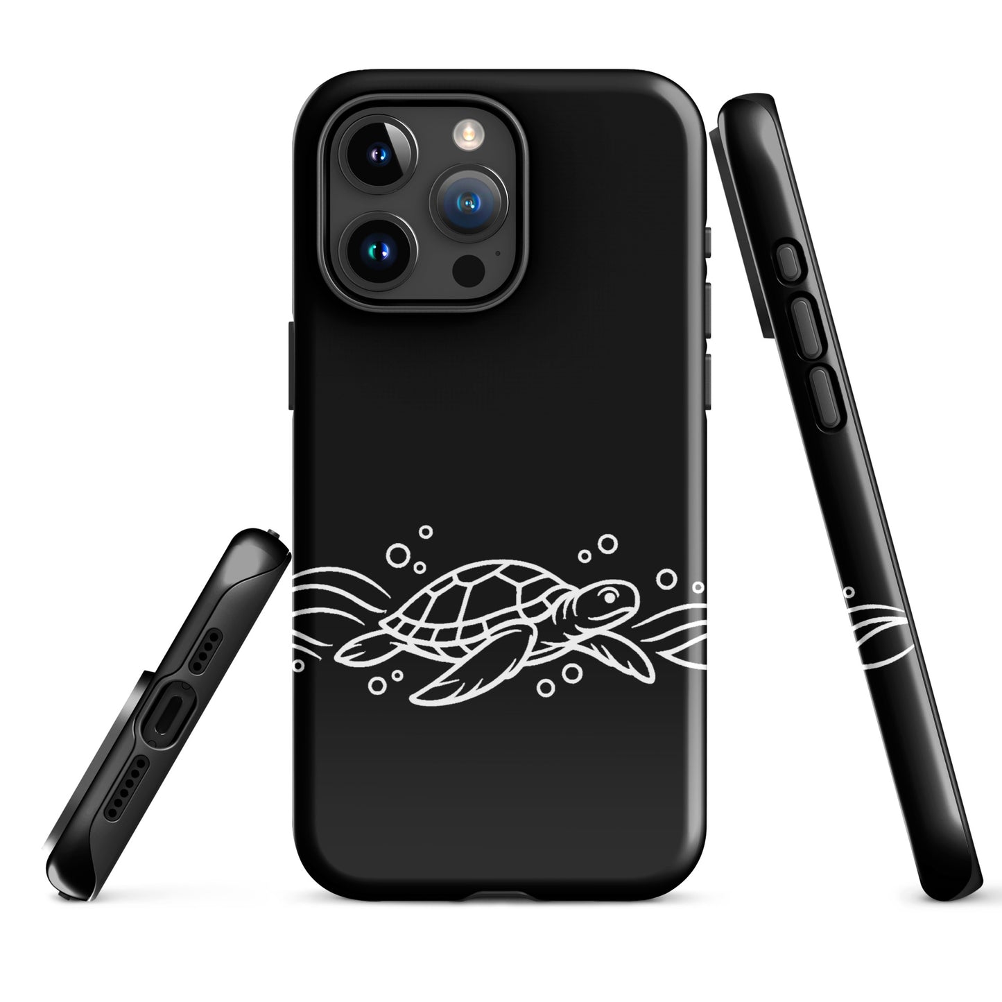 Phone Case for iPhone with minimalist sea turtle design and abstract waves, showcasing black and white ocean-inspired artwork.
