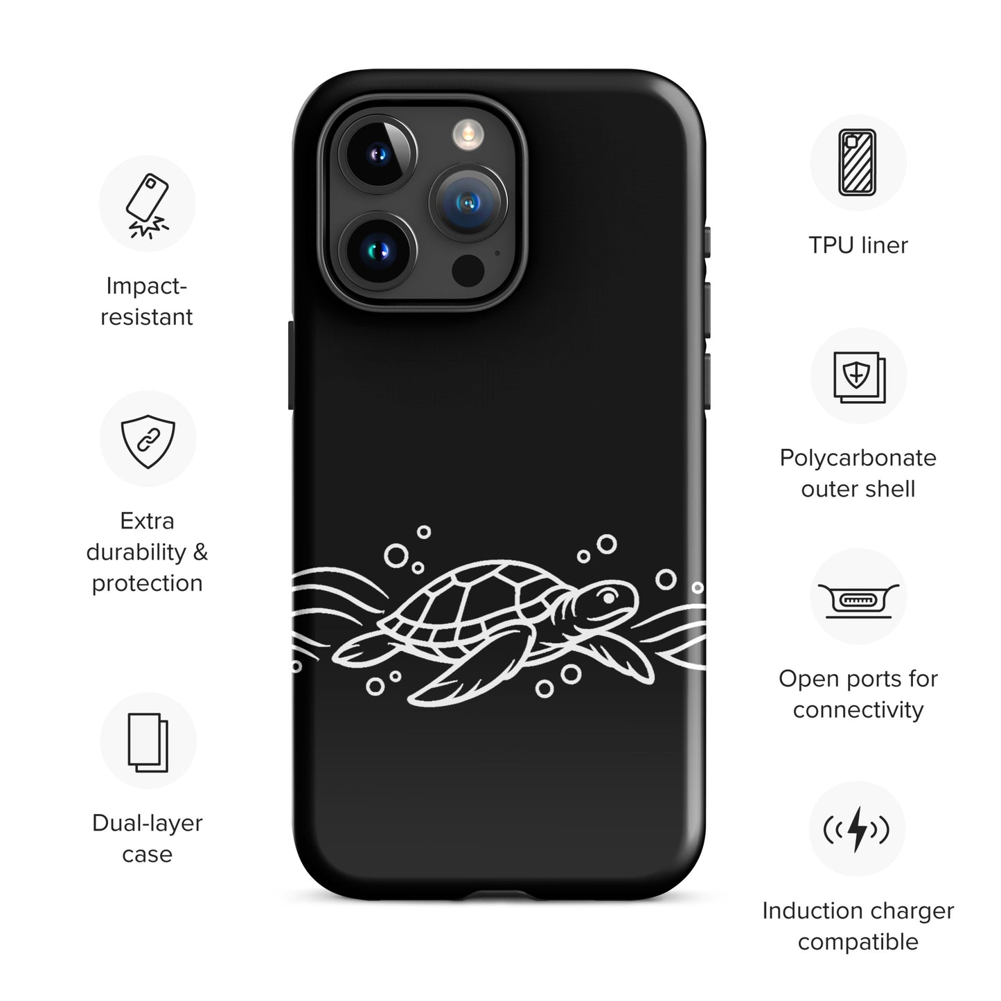 Phone Case with minimalist sea turtle and abstract waves design for iPhone, featuring dual-layer protection and TPU liner.