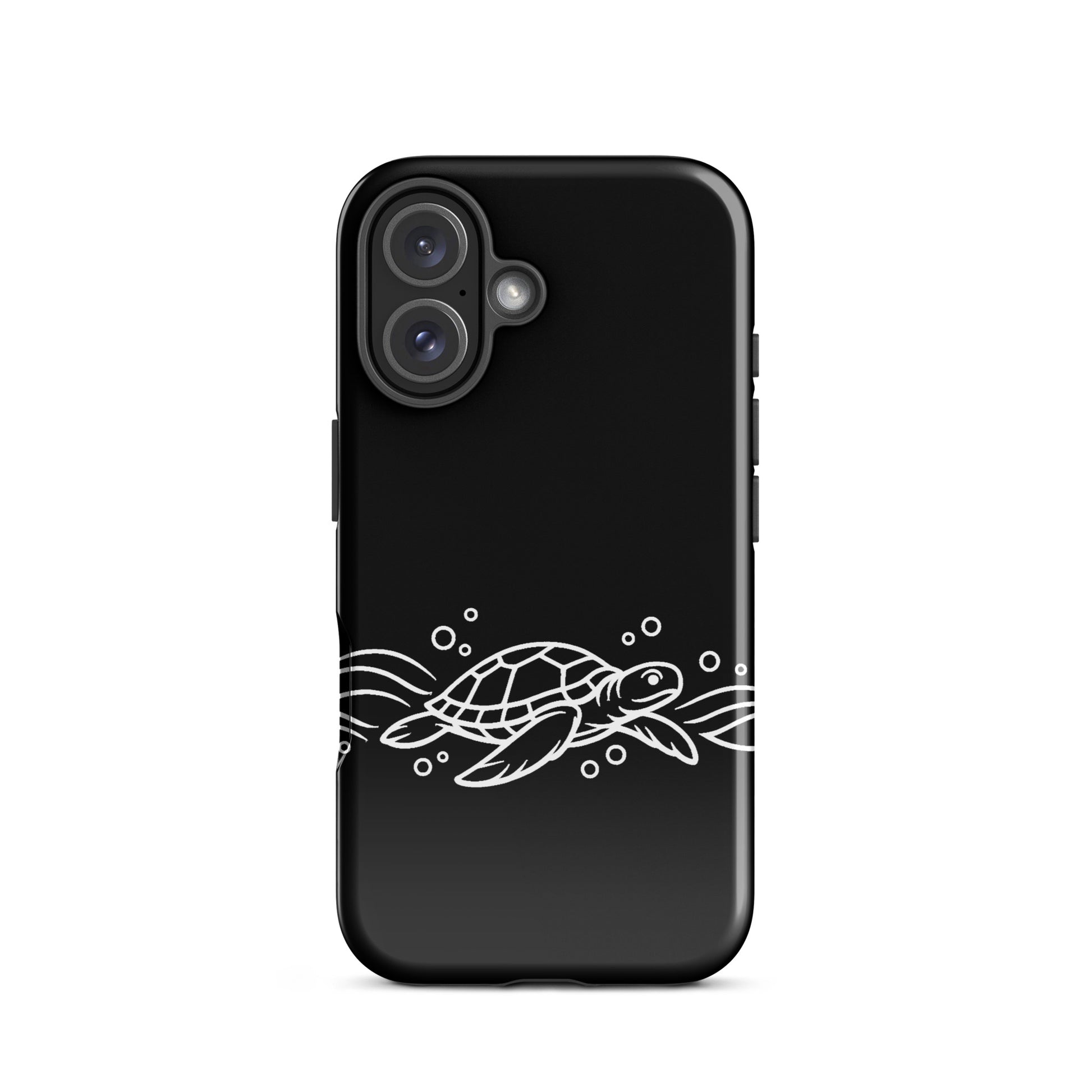 Phone Case for iPhone with minimalist sea turtle and abstract waves design, black background, ocean-inspired art, marine life theme