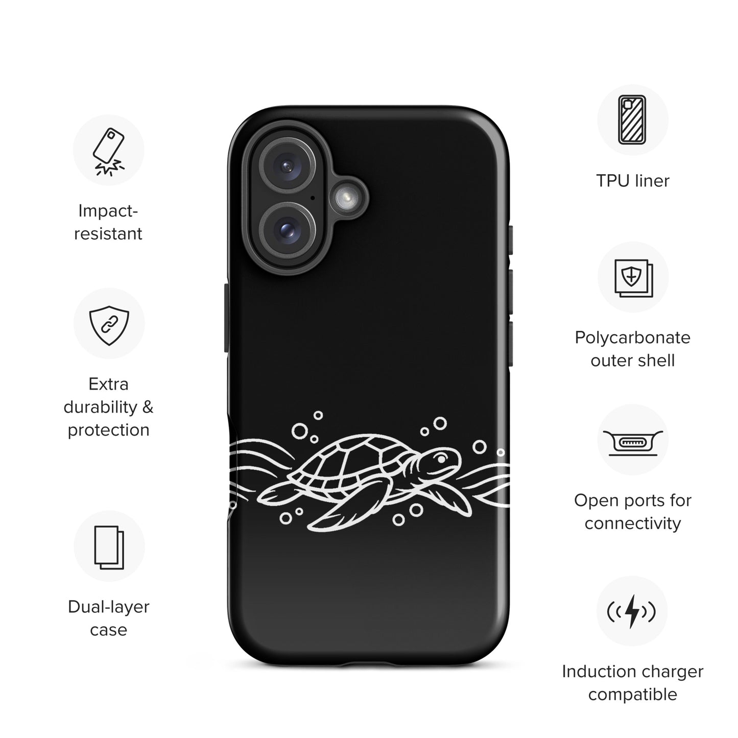 Phone Case with minimalist sea turtle design and abstract waves for iPhone, black protective cover with marine life theme.