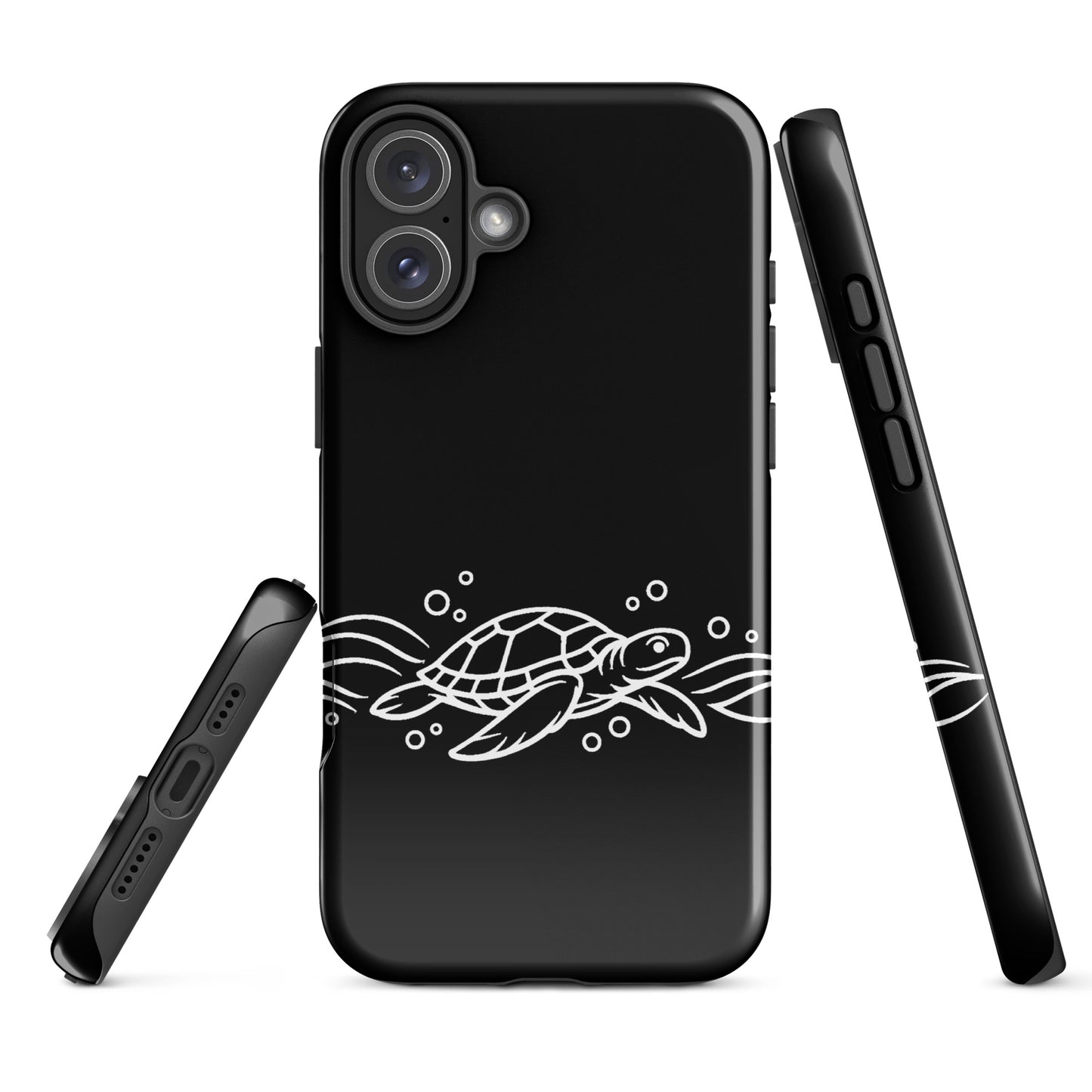 Phone Case for iPhone with minimalist sea turtle design and abstract waves on black background